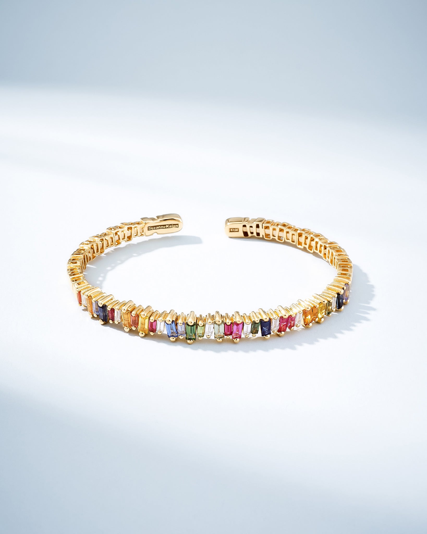 Suzanne Kalan Bold Rainbow Sapphire & Diamond Baguette Bangle in 18k yellow gold