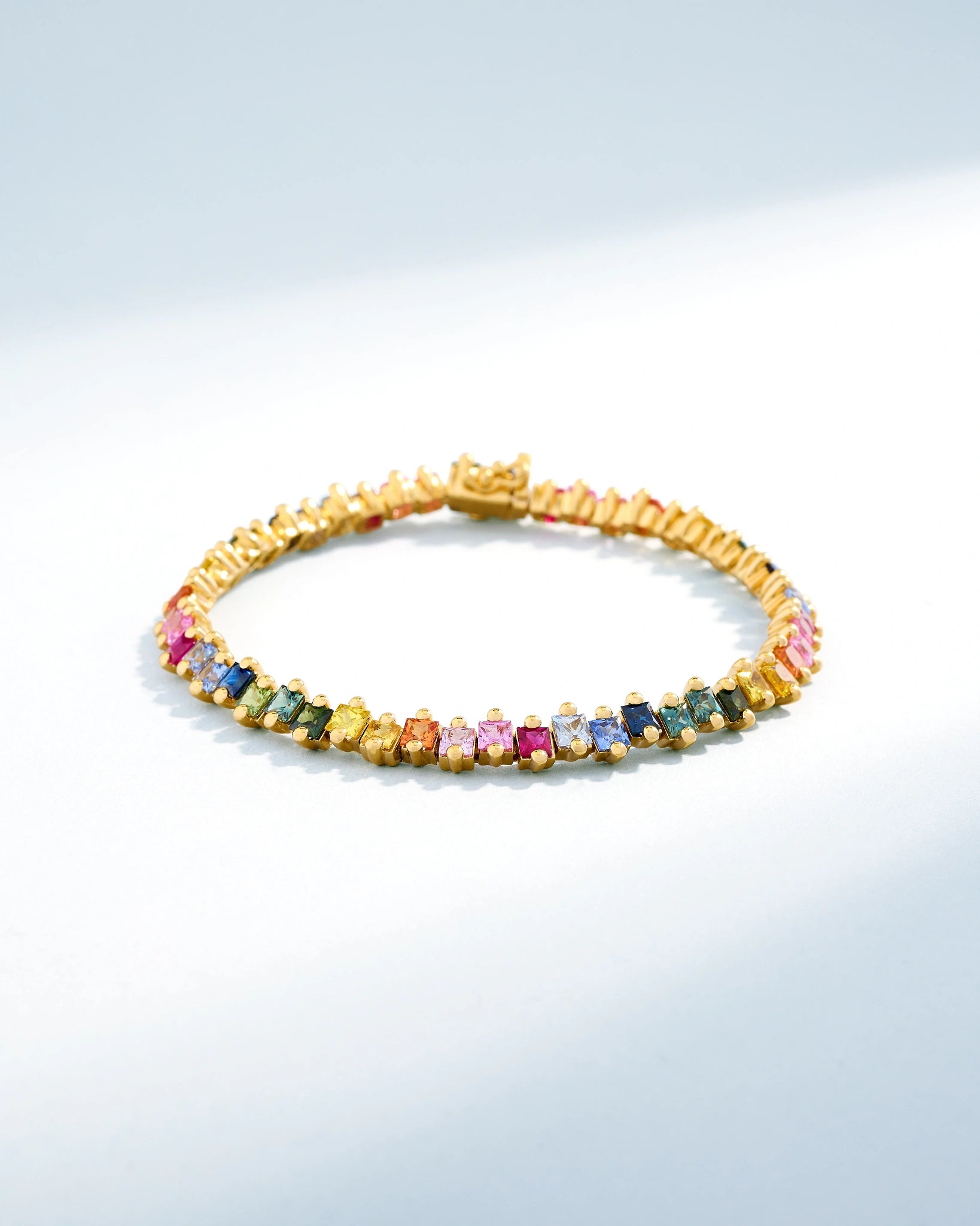 Suzanne Kalan Princess Milli Rainbow Sapphire Tennis Bracelet in 18k yellow gold