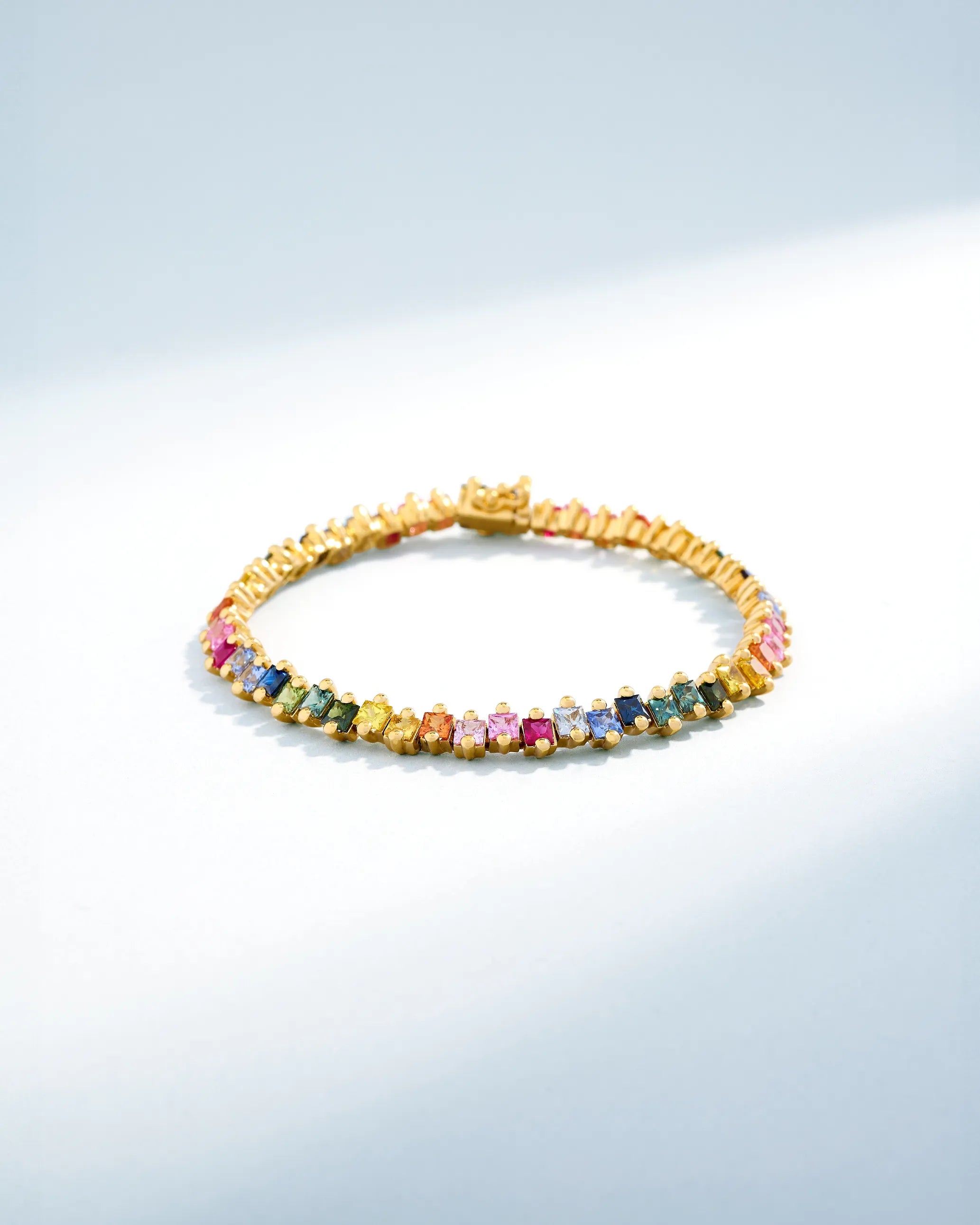 Suzanne Kalan Princess Milli Rainbow Sapphire Tennis Bracelet in 18k yellow gold