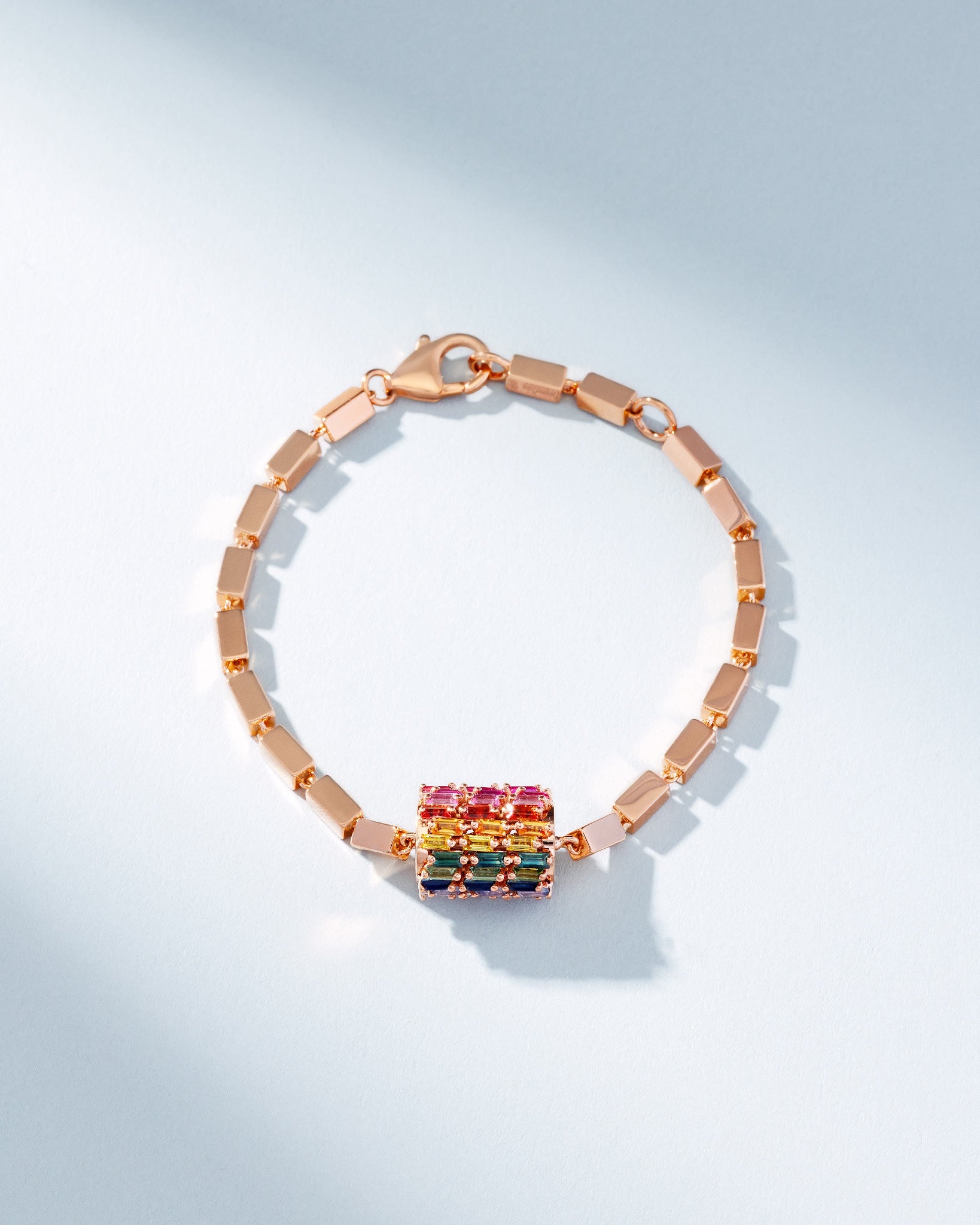 Suzanne Kalan Infinite Triple Row Rainbow Sapphire Thick Block-Chain Bracelet in 18k rose gold