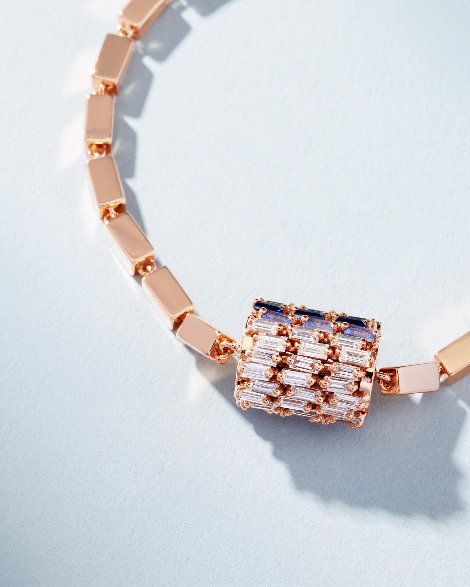 Suzanne Kalan Infinite Triple Row Rainbow Sapphire Thick Block-Chain Bracelet in 18k rose gold