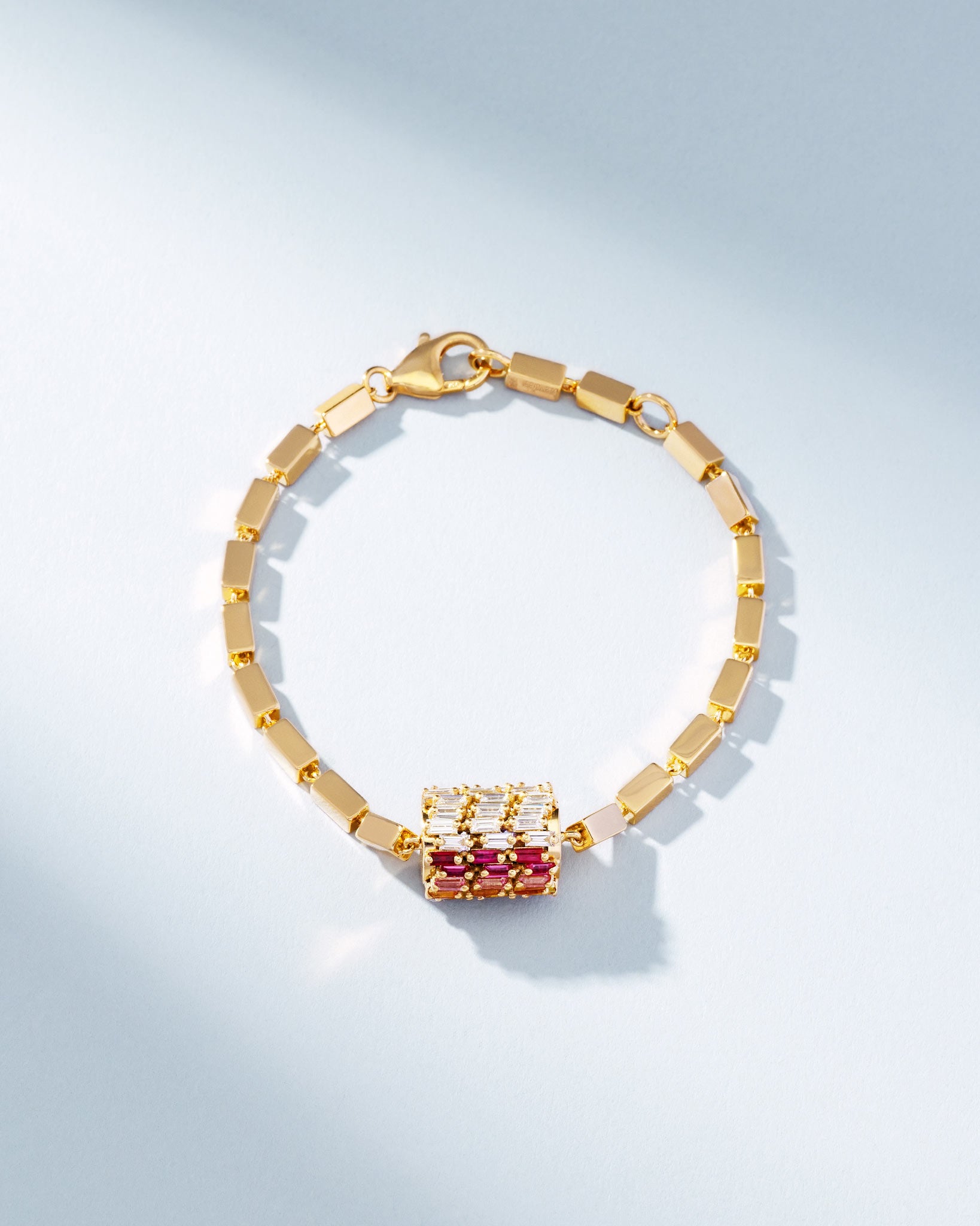 Suzanne Kalan Infinite Triple Row Rainbow Sapphire Thick Block-Chain Bracelet in 18k yellow gold