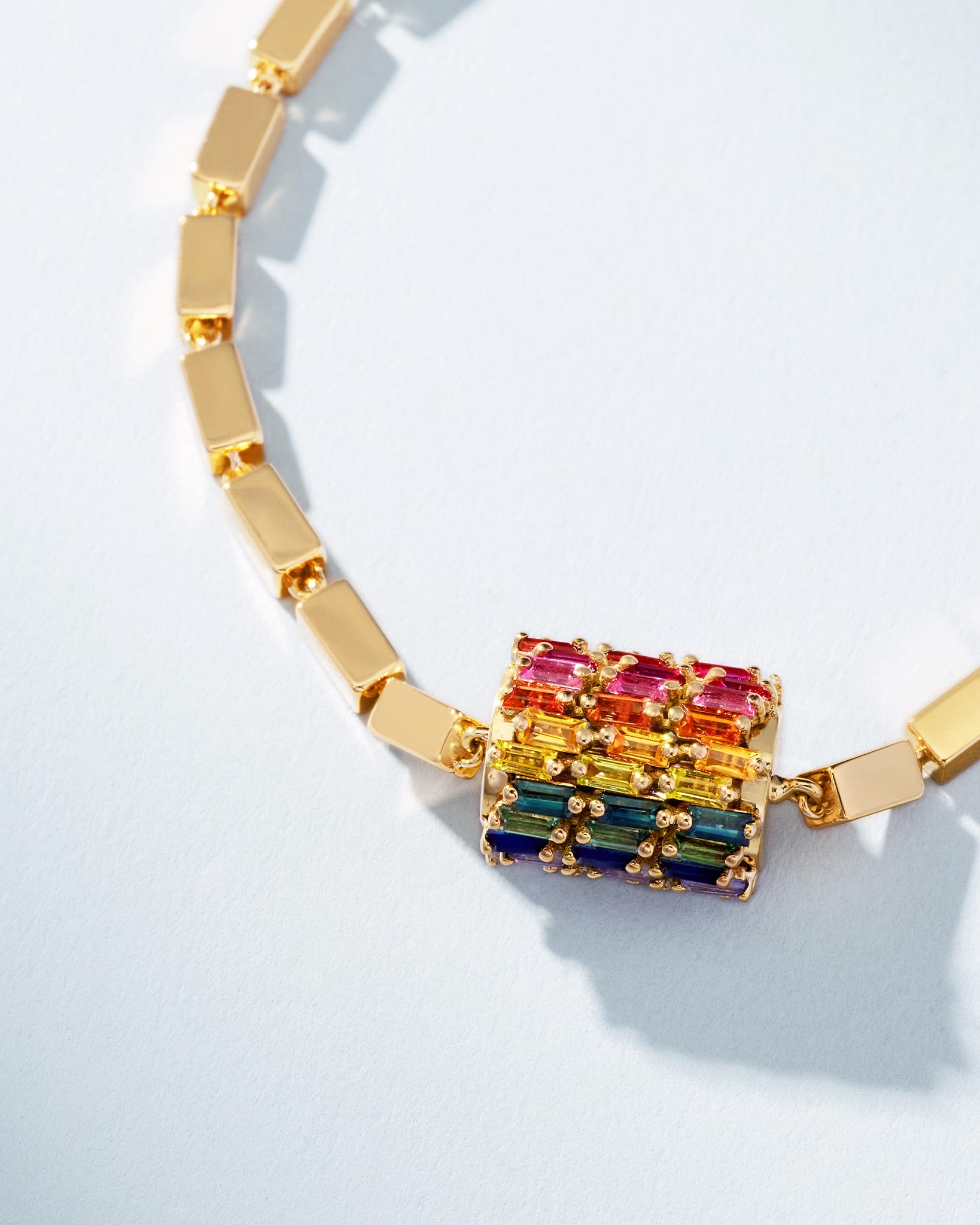 Suzanne Kalan Infinite Triple Row Rainbow Sapphire Thick Block-Chain Bracelet in 18k yellow gold