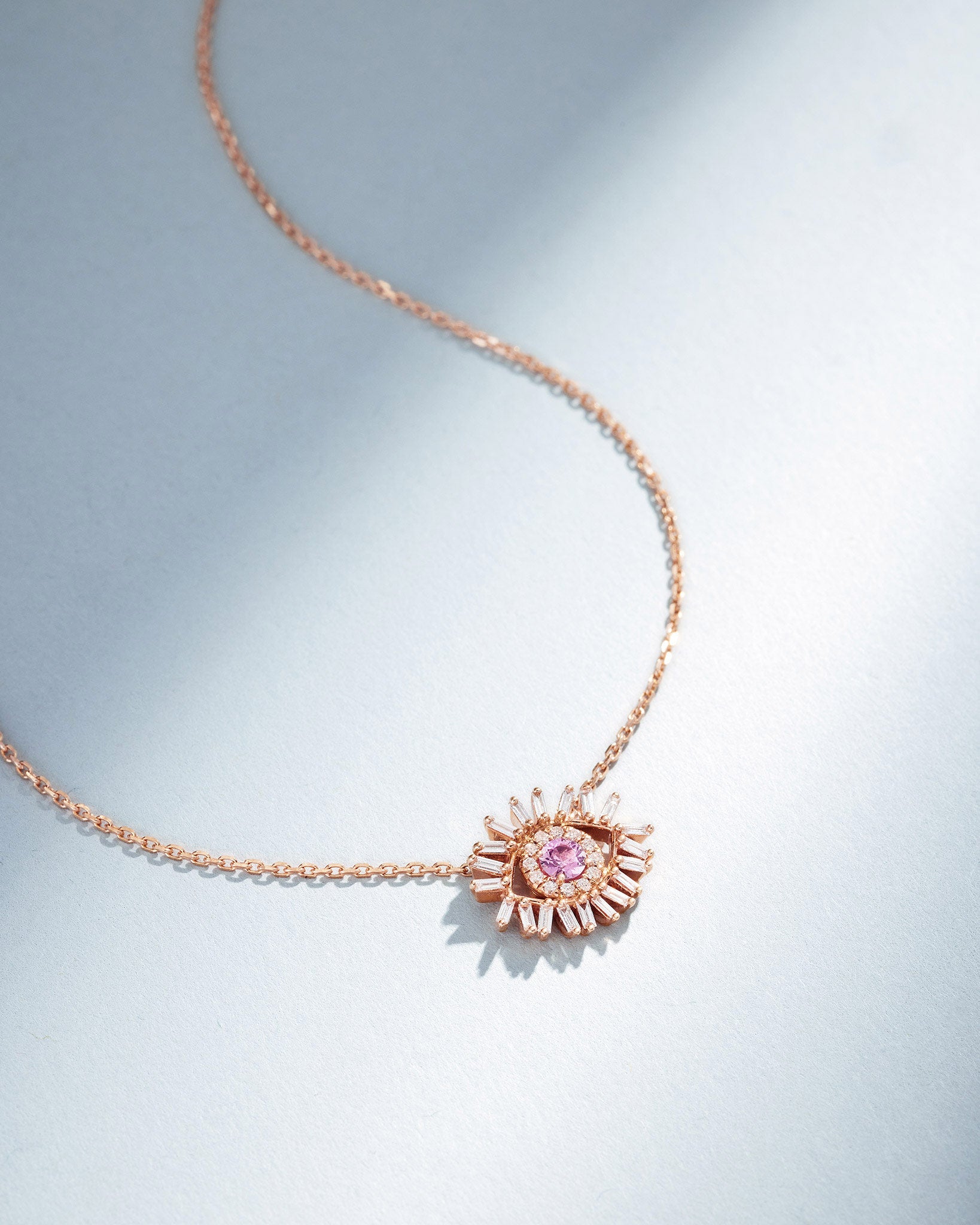 Suzanne Kalan Evil Eye Mini Pink Sapphire Pendant in 18k rose gold