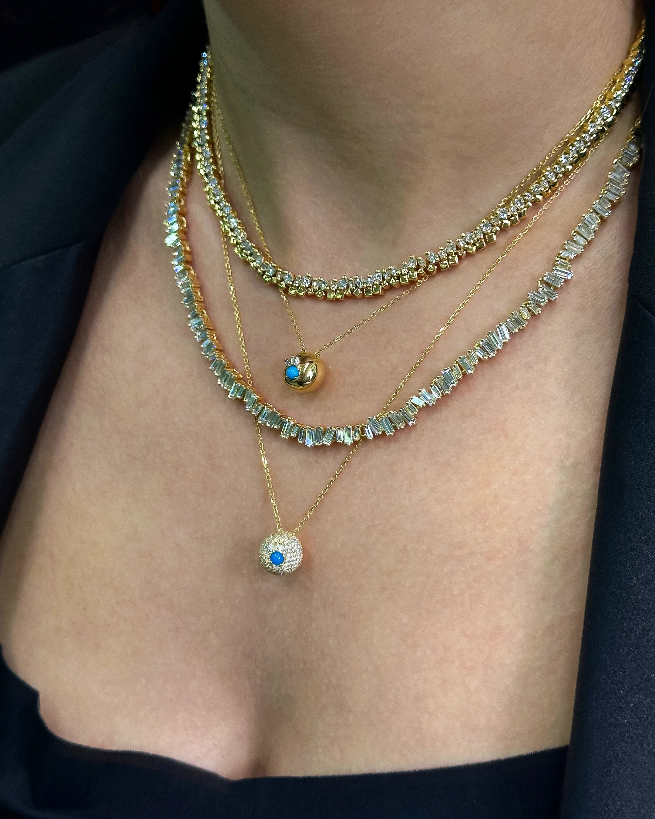 Suzanne Kalan Evil Eye Mini Turquoise Orb Pendant and Evil Eye Mini Turquoise Full Pave Diamond Pendant in 18k yellow gold