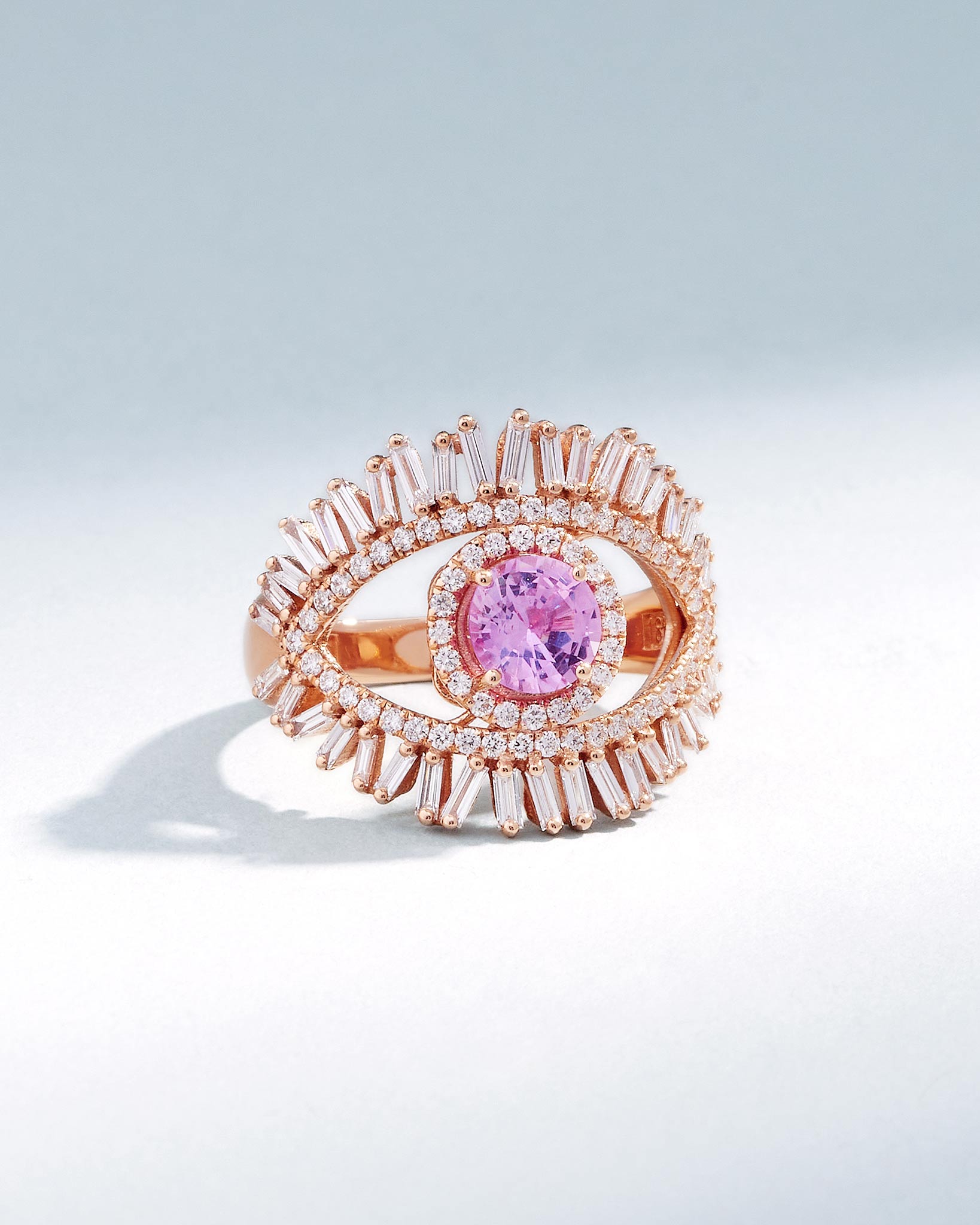 Suzanne Kalan Evil Eye Milli Pink Sapphire Half Pavé Ring in 18k rose gold