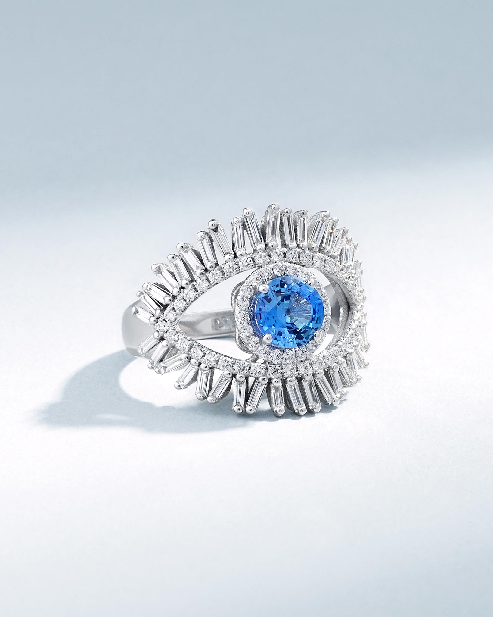 Suzanne Kalan Evil Eye Milli Light Blue Sapphire Half Pavé Ring in 18k white gold