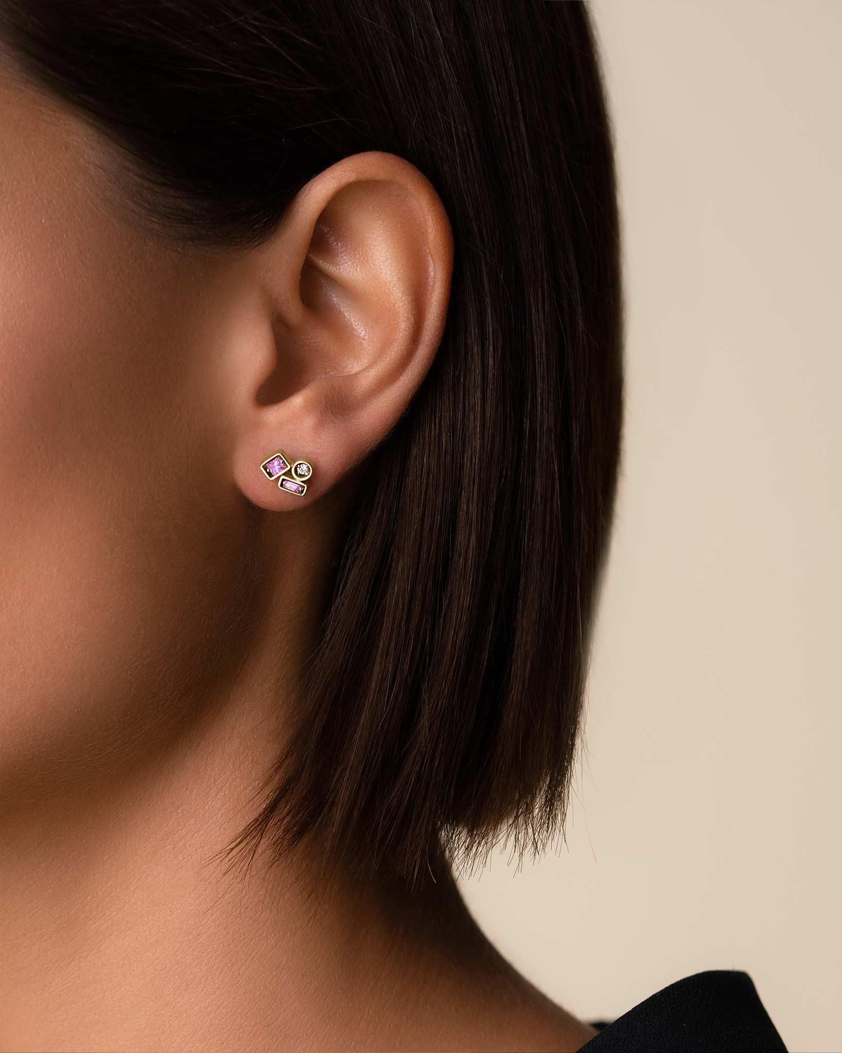 Suzanne Kalan Inlay Pink Sapphire Mini Studs in 18k yellow gold