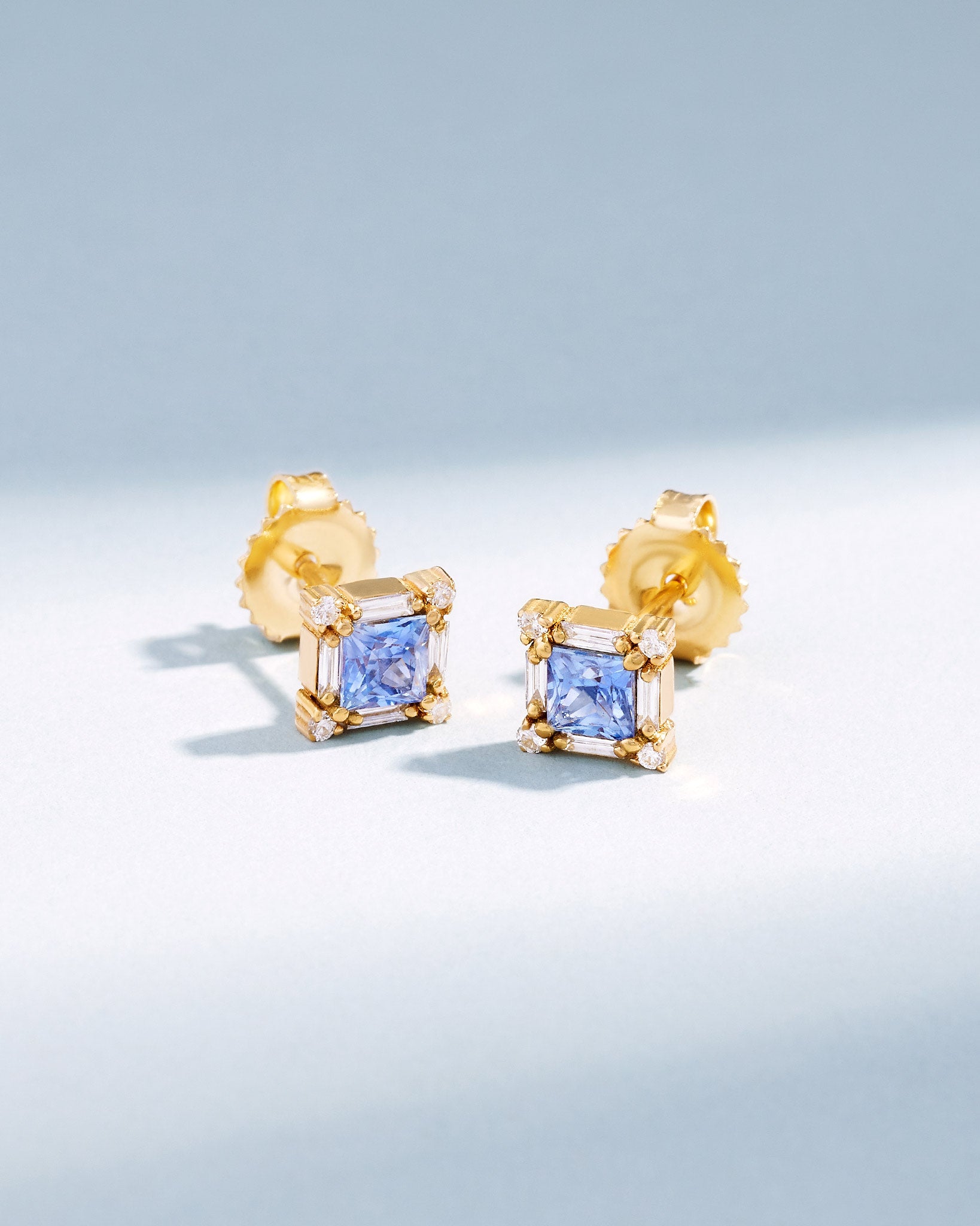 Suzanne Kalan Princess Midi Light Blue Sapphire Studs in 18k yellow gold