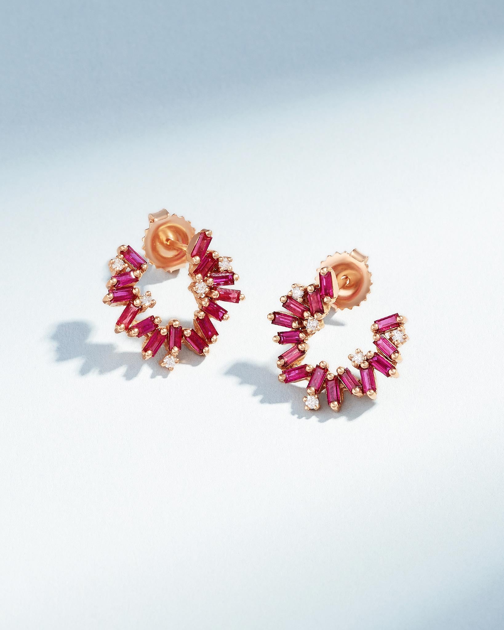 Suzanne Kalan Bold Burst Ruby Sideways Mini Hoops in 18k rose gold