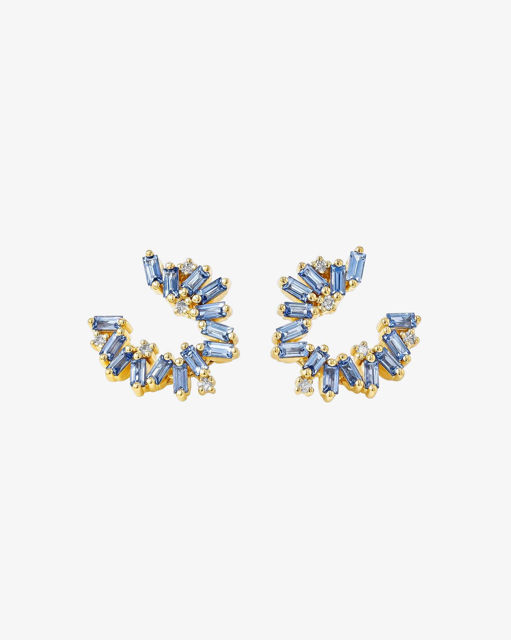 Suzanne Kalan Bold Burst Light Blue Sapphire Sideways Mini Hoops in 18k yellow gold