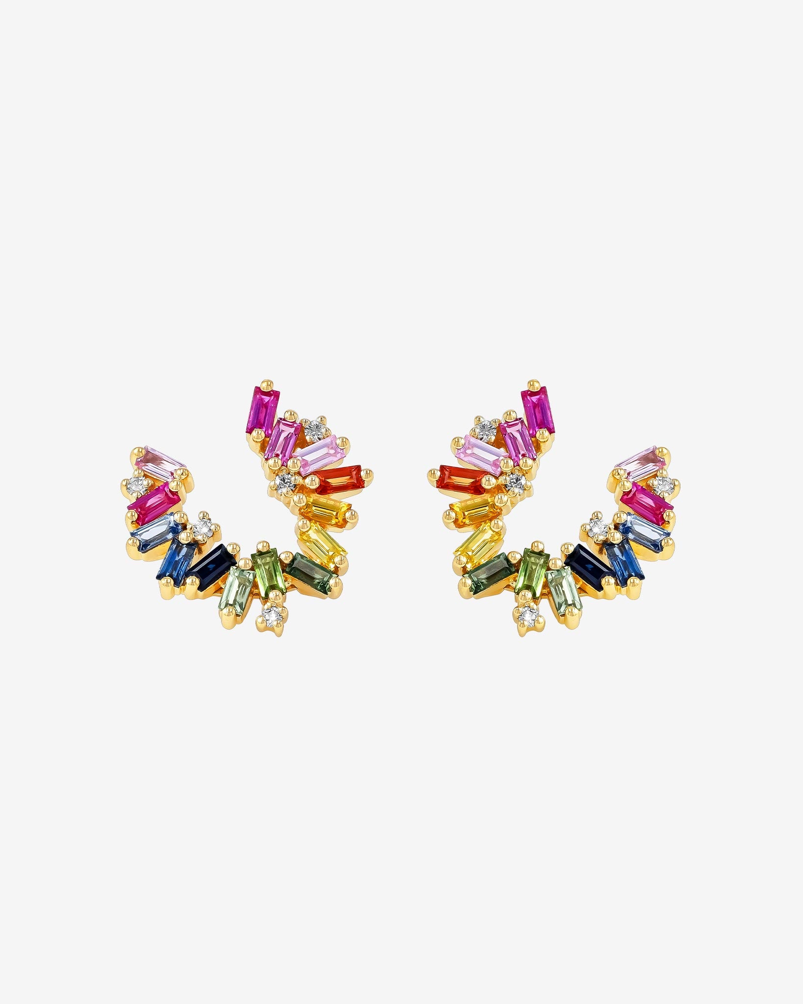 Suzanne Kalan Bold Burst Rainbow Sapphire Sideways Mini Hoops in 18k yellow gold