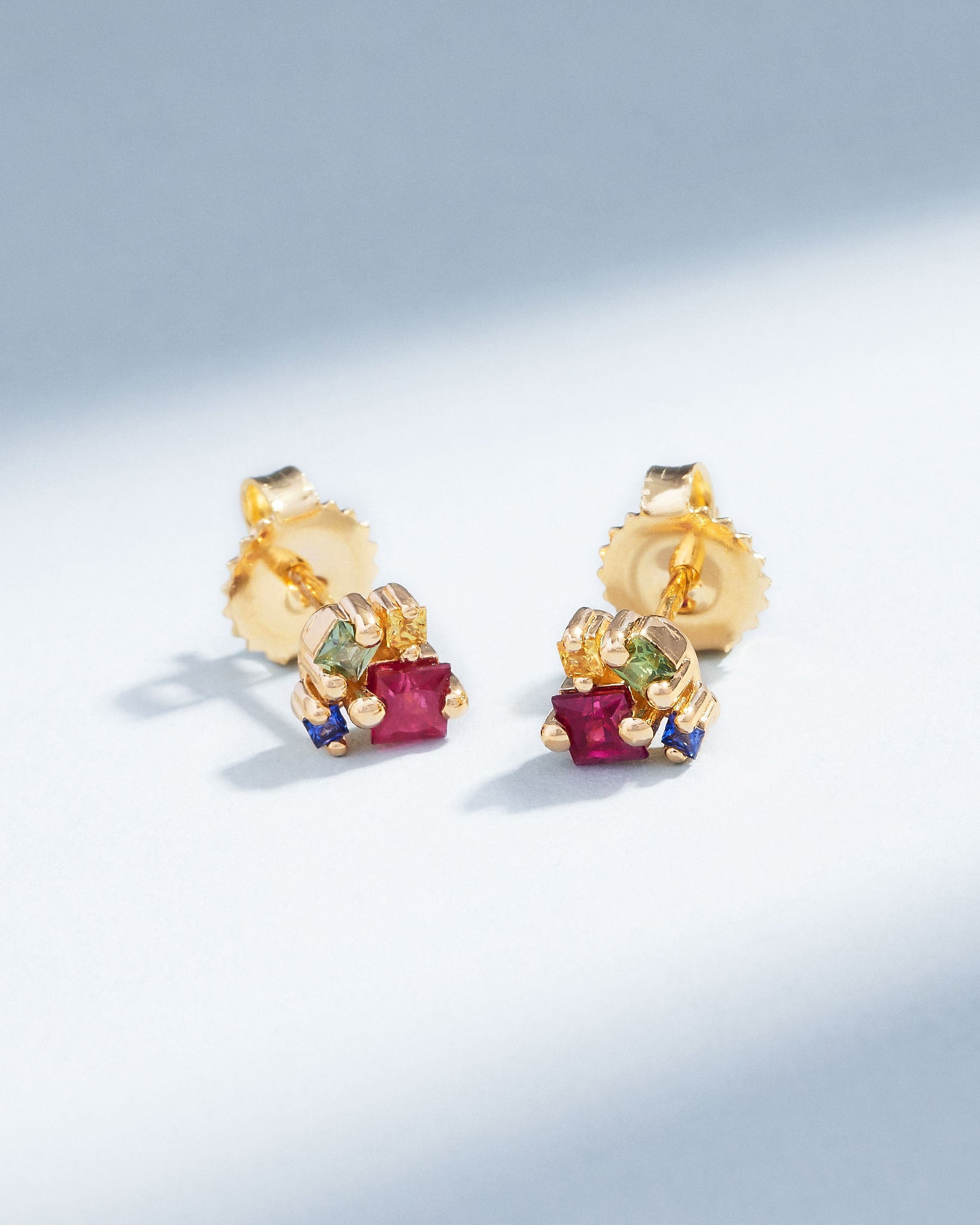 Suzanne Kalan Princess Cluster Rainbow Sapphire Studs in 18k yellow gold