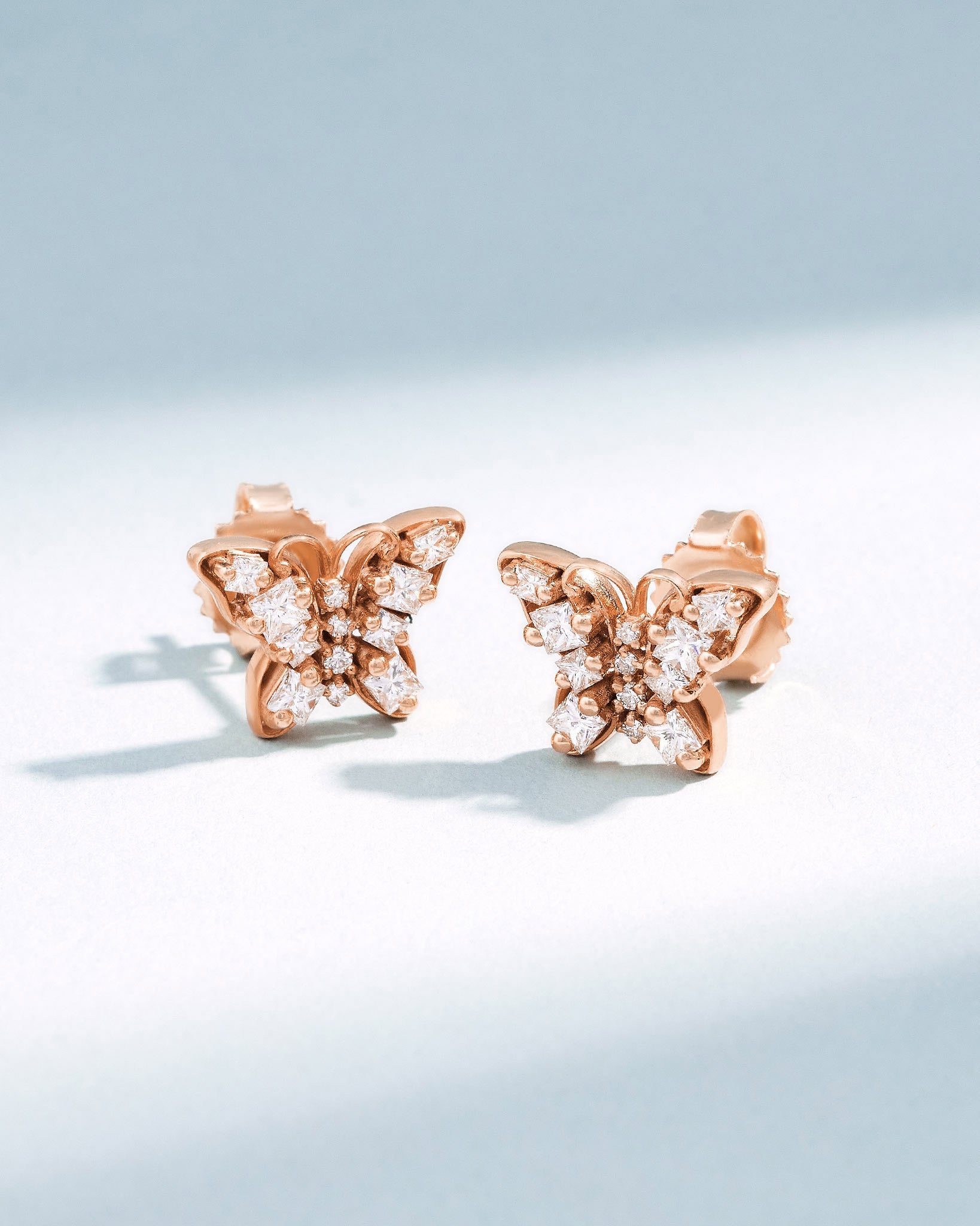 Suzanne Kalan Princess Diamond Mini Butterfly Studs in 18k rose gold