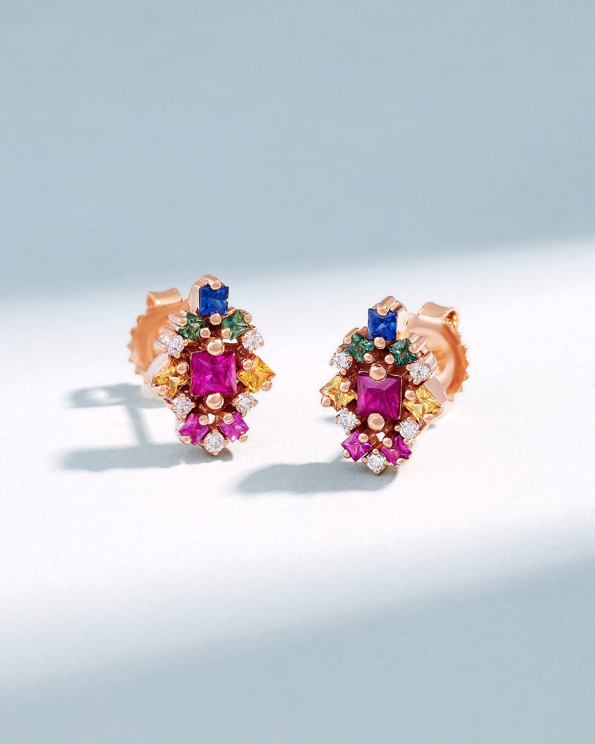 Suzanne Kalan La Fantaisie Star Rainbow Sapphire Studs in 18k rose gold