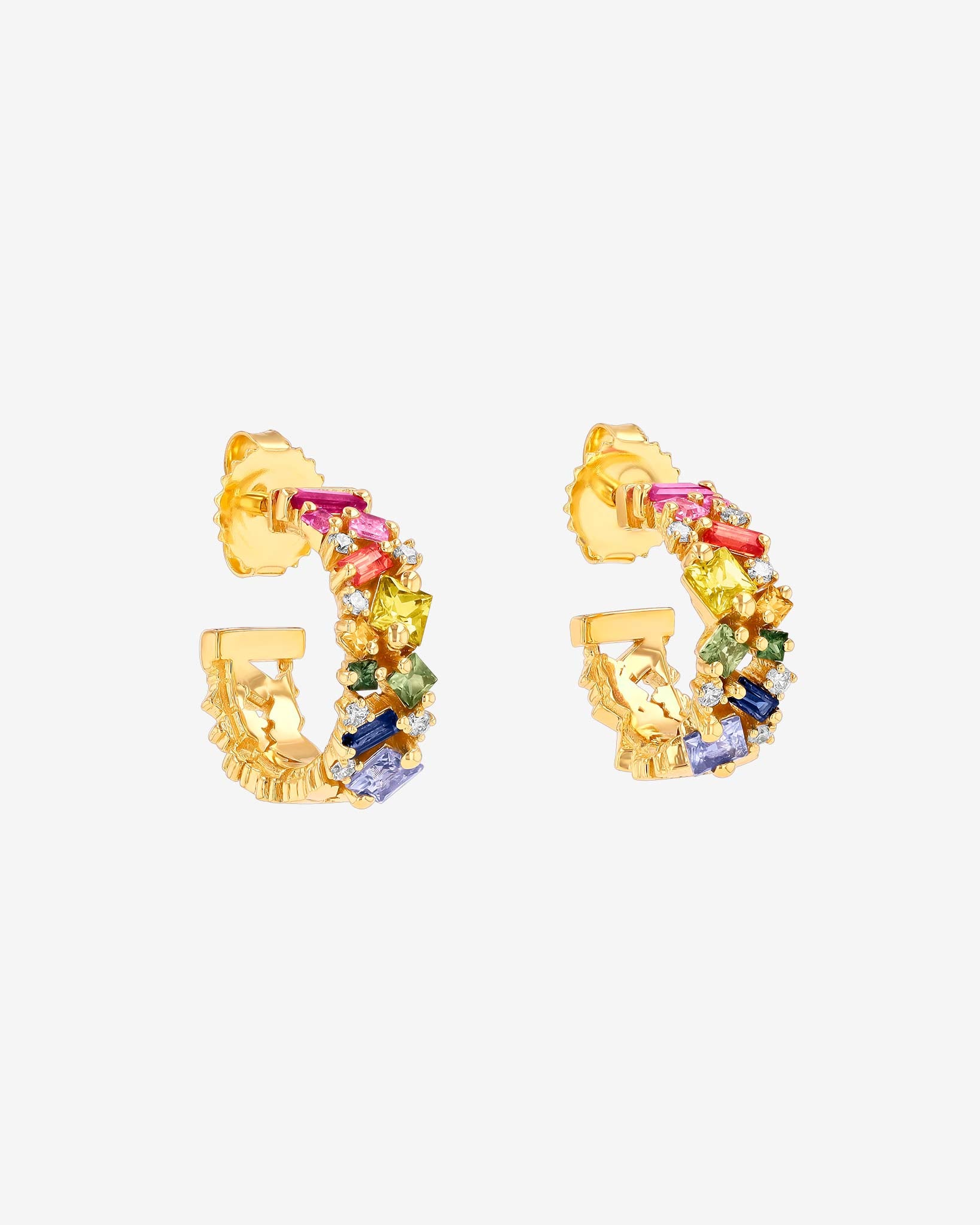 Suzanne Kalan La Fantaisie Rainbow Sapphire Mini Hoops in 18k yellow gold