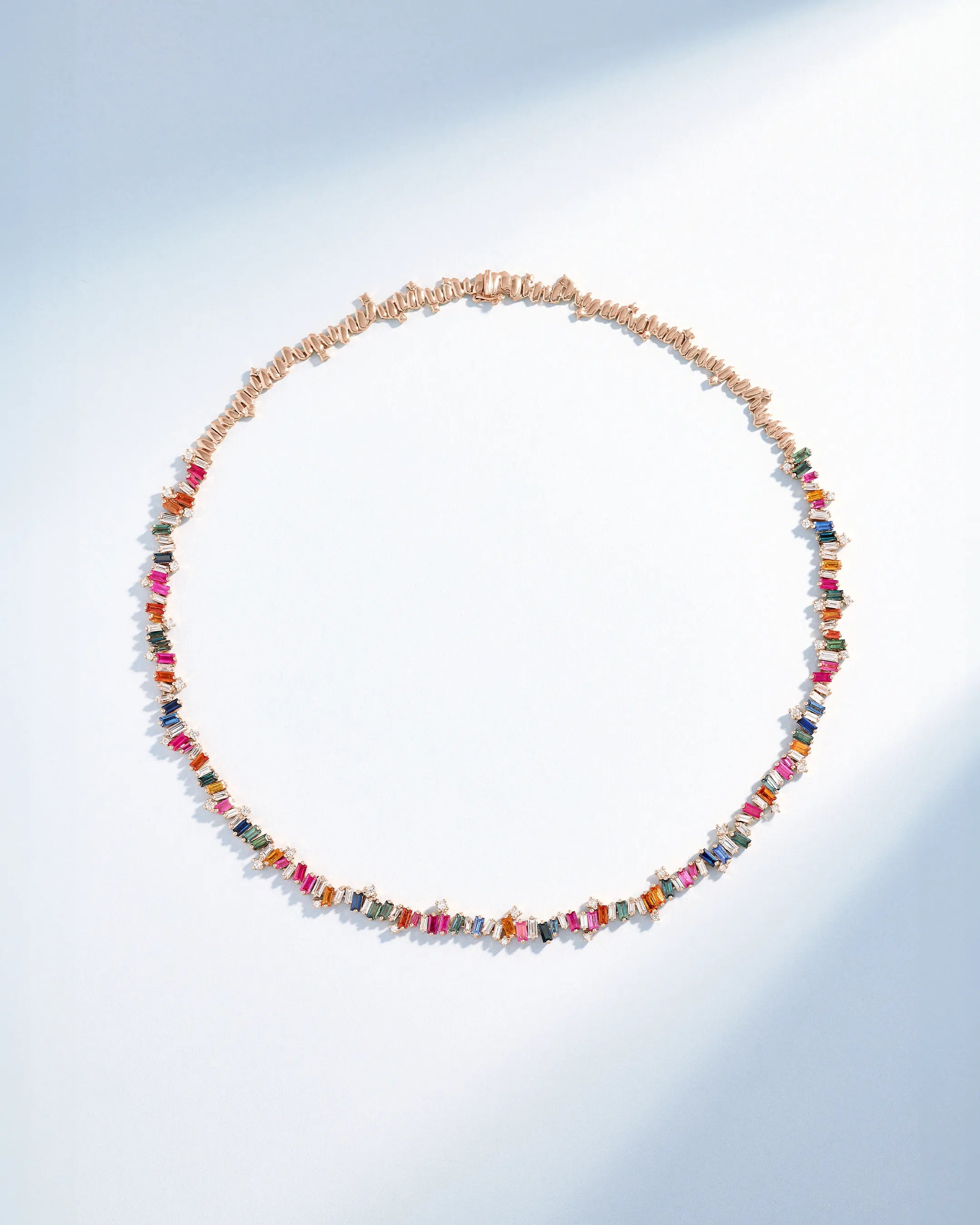 Suzanne Kalan Bold Burst Rainbow Sapphire Tennis Necklace in 18k rose gold