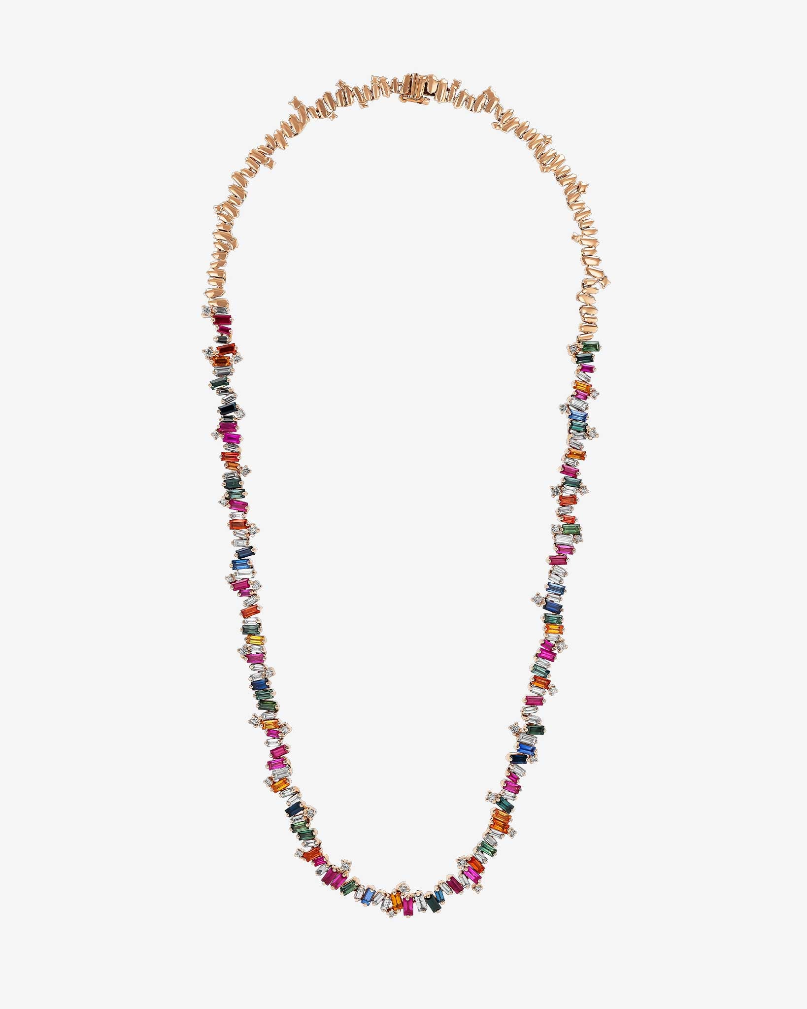 Suzanne Kalan Bold Burst Rainbow Sapphire Tennis Necklace in 18k rose gold