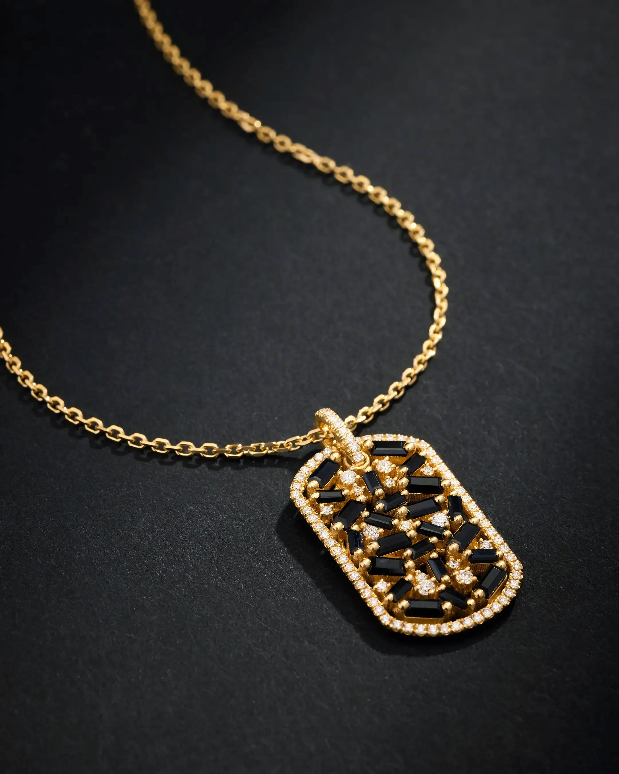 Suzanne Kalan Frenzy Black Sapphire Large Dog Tag Pendant in 18k yellow gold