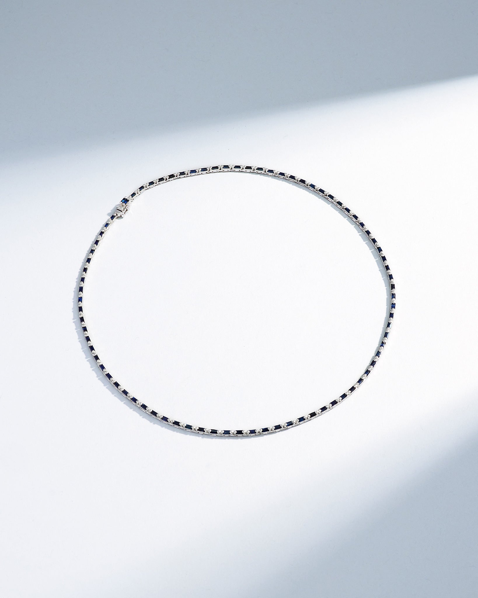 Suzanne Kalan Linear Full Dark Blue Sapphire Tennis Necklace in 18k white gold
