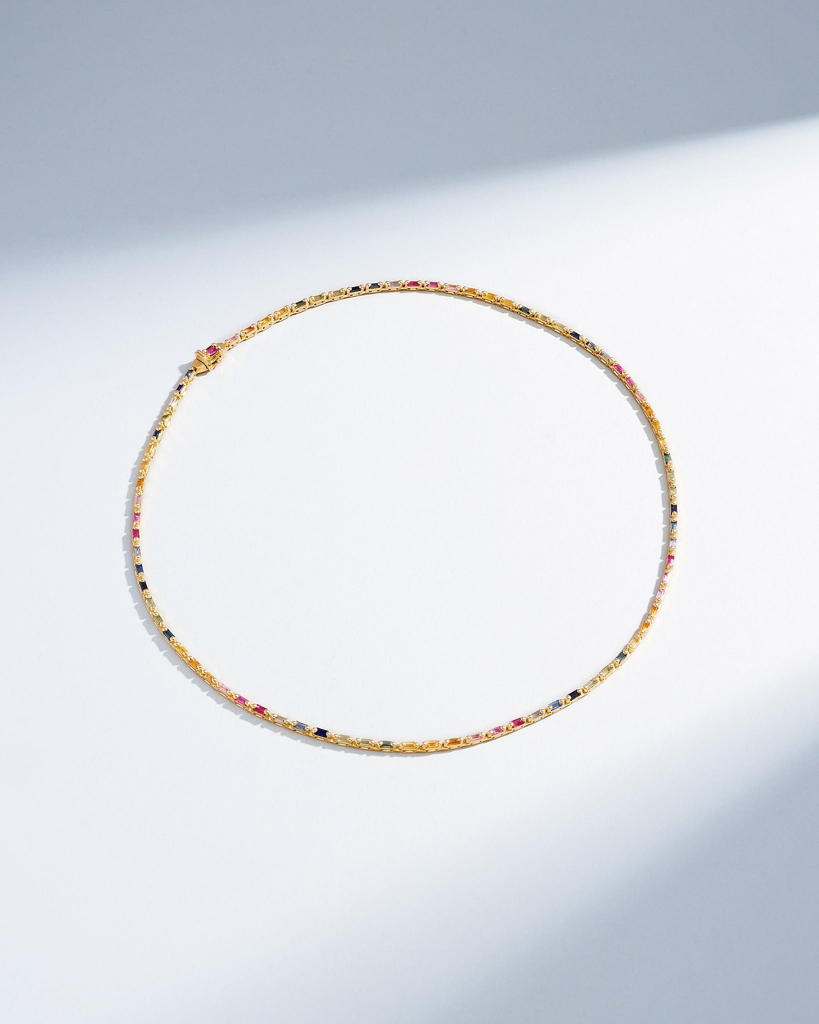 Suzanne Kalan Linear Full Rainbow Sapphire Tennis Necklace in 18k yellow gold