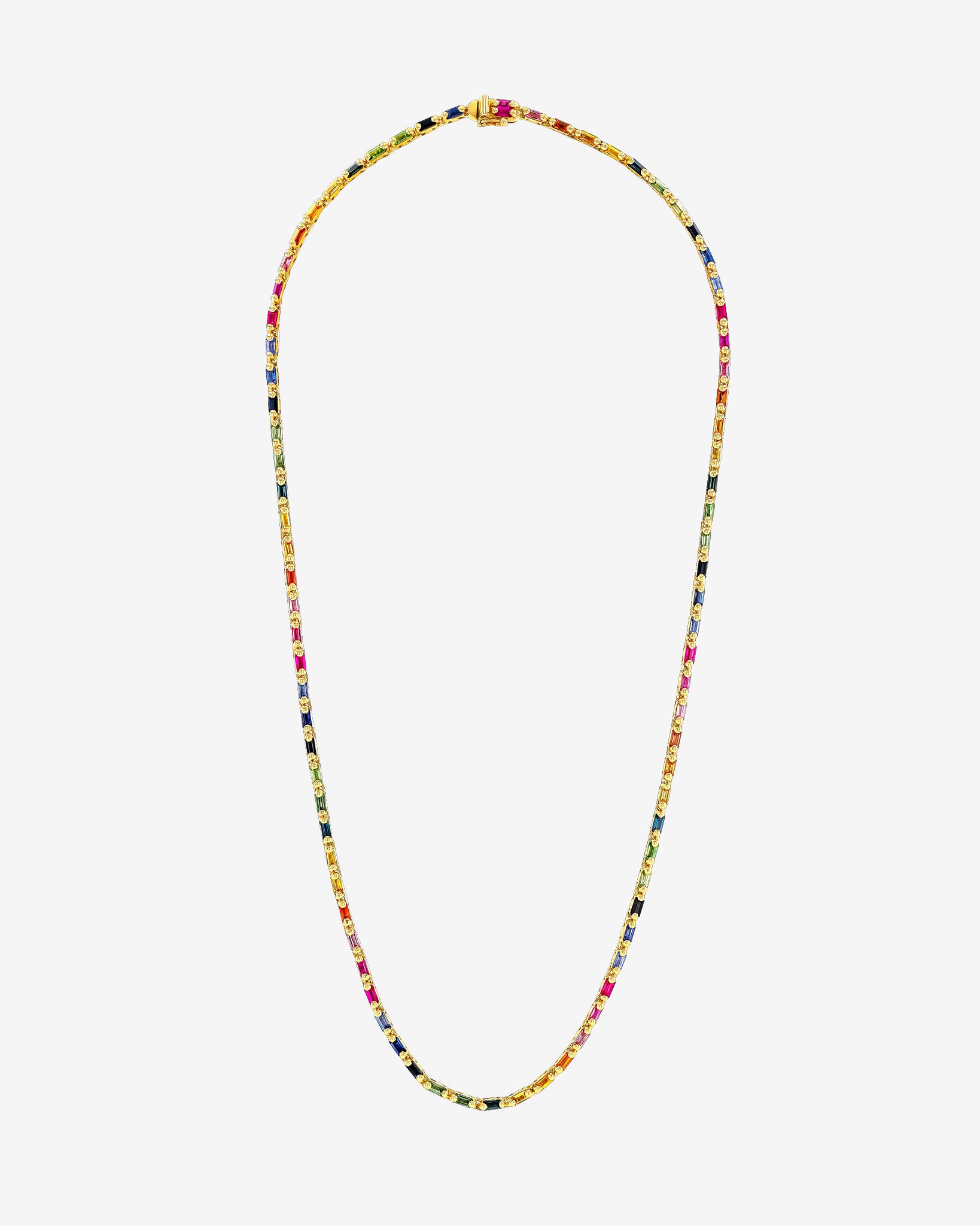 Suzanne Kalan Linear Full Rainbow Sapphire Tennis Necklace in 18k yellow gold
