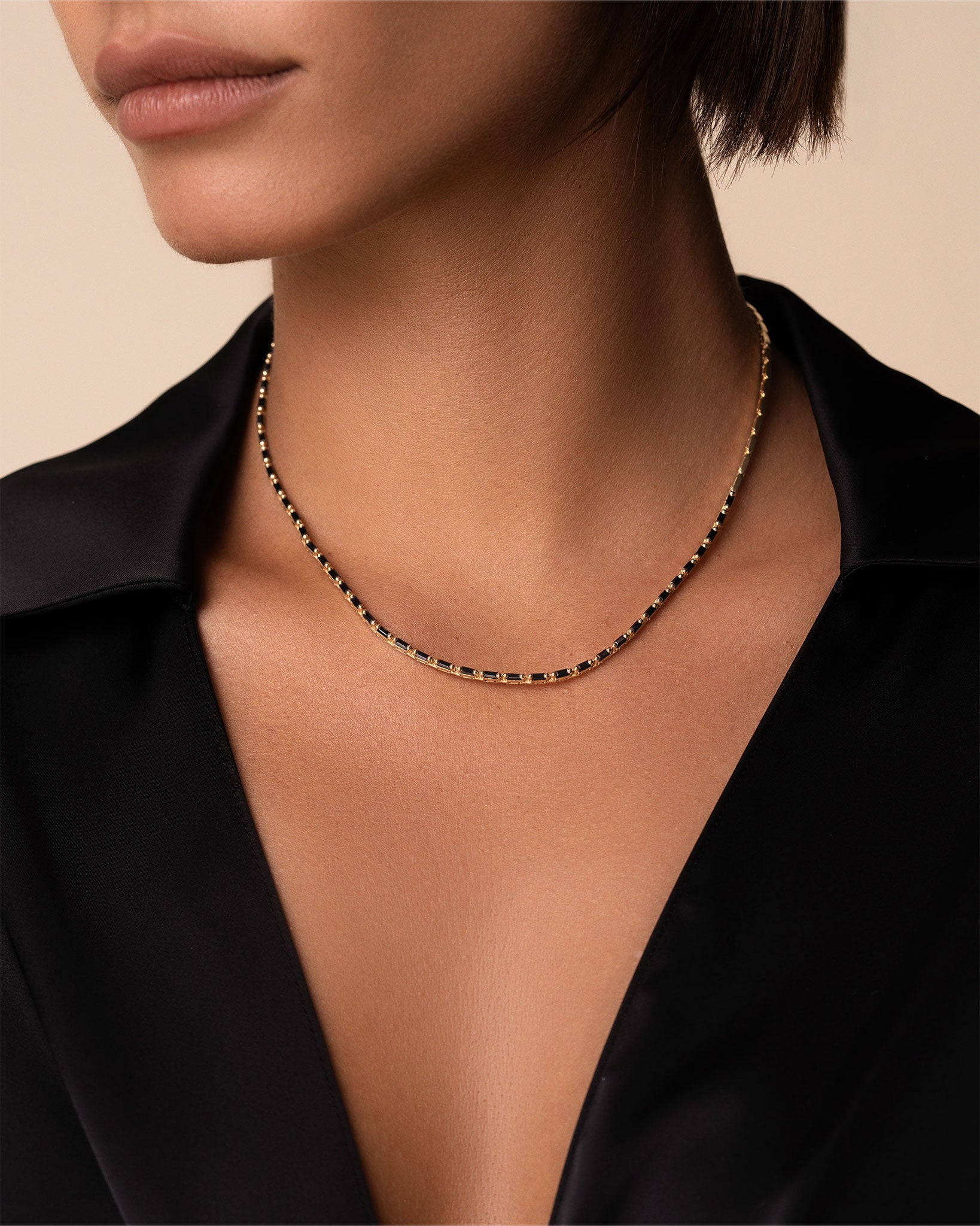 Suzanne Kalan Linear Half Black Sapphire Tennis Necklace in 18k yellow gold