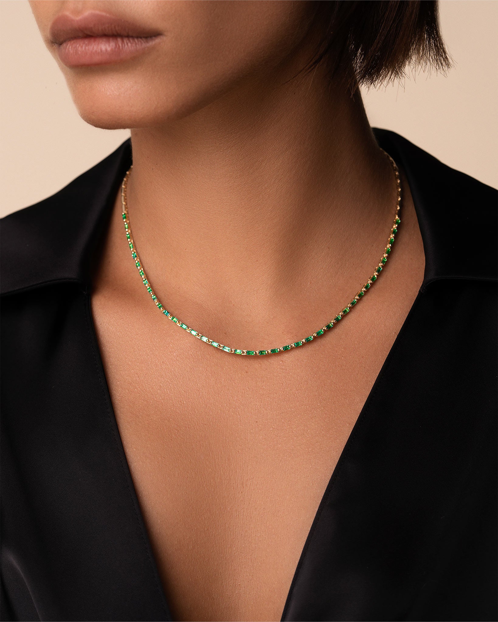 Suzanne Kalan Linear Half Emerald Tennis Necklace in 18k yellow gold