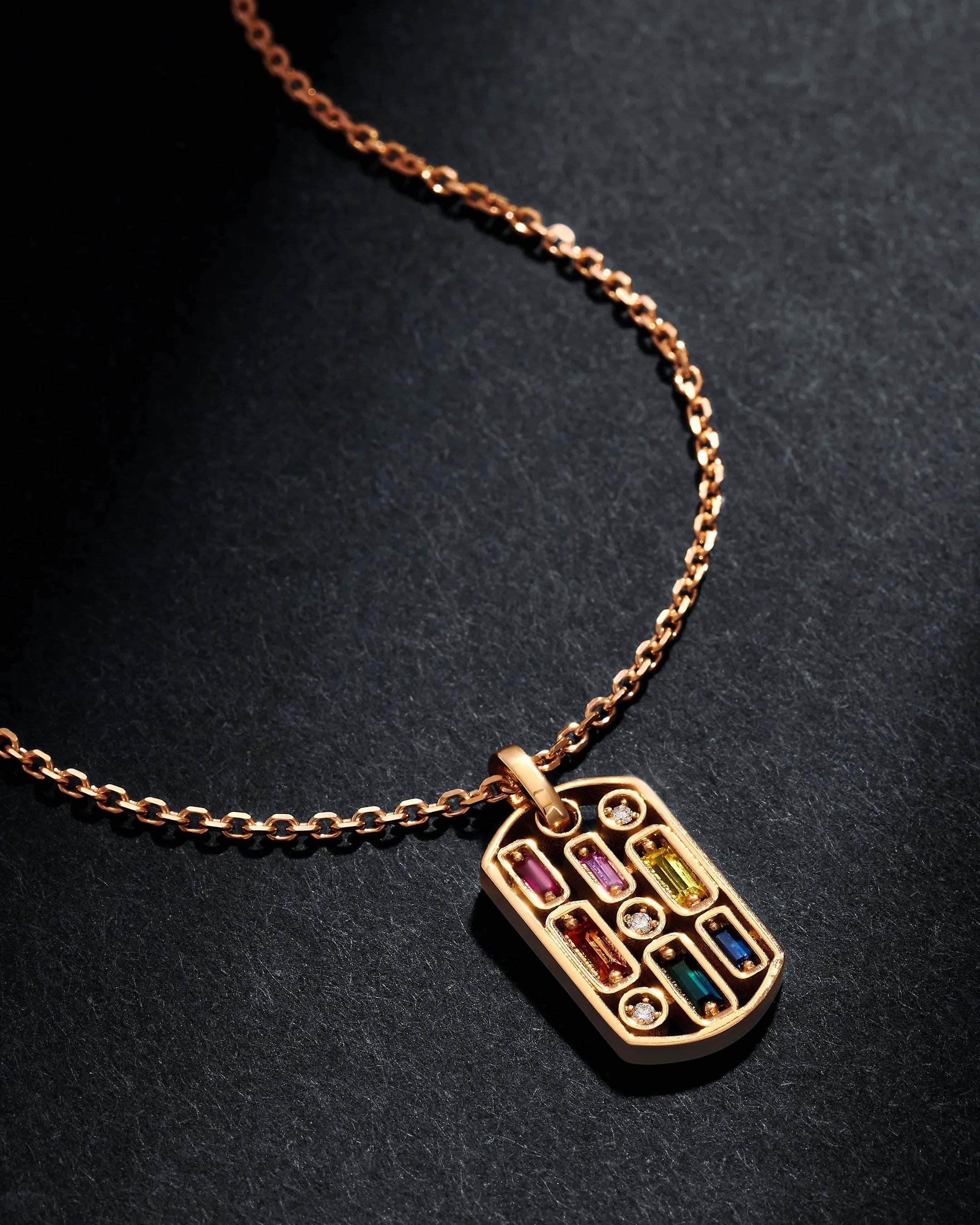 Suzanne Kalan Inlay Rainbow Sapphire Medium Dog Tag Necklace in 18k rose gold