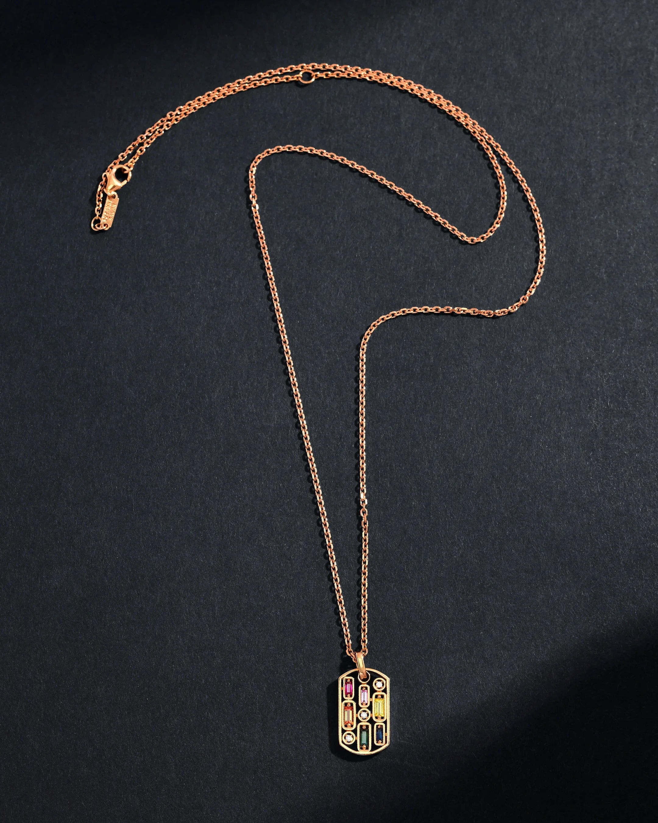 Suzanne Kalan Inlay Rainbow Sapphire Medium Dog Tag Necklace in 18k rose gold