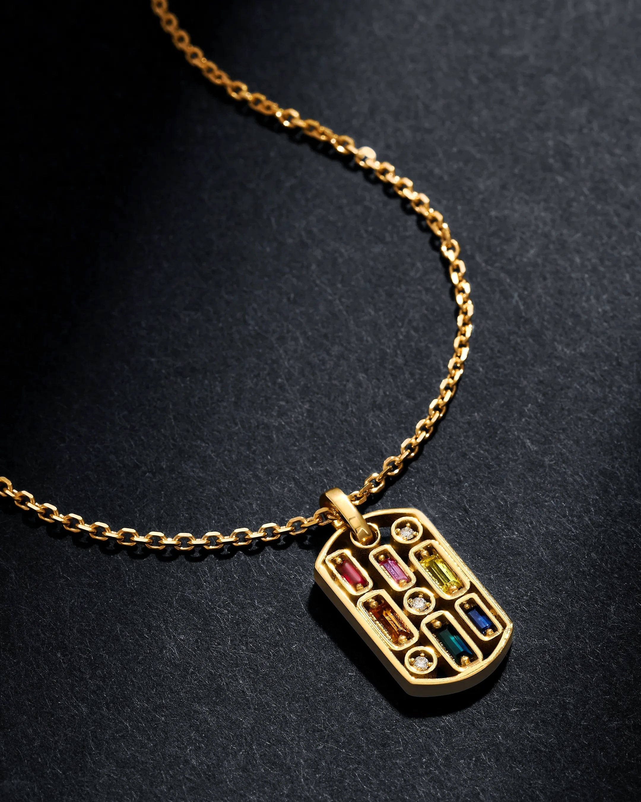 Suzanne Kalan Inlay Rainbow Sapphire Medium Dog Tag Necklace in 18k yellow gold