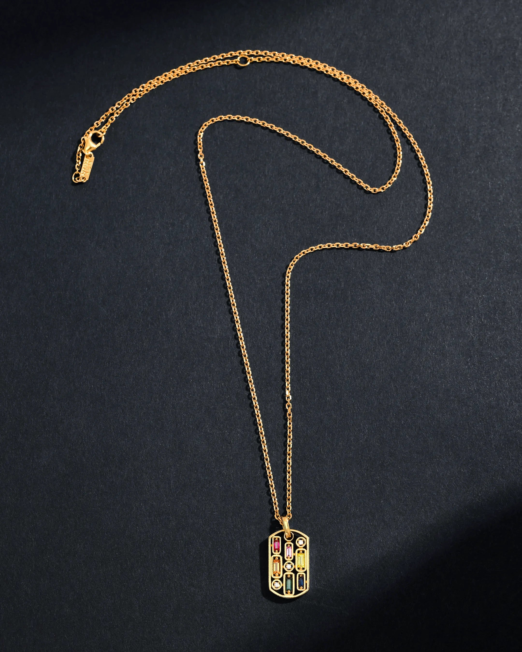 Suzanne Kalan Inlay Rainbow Sapphire Medium Dog Tag Necklace in 18k yellow gold