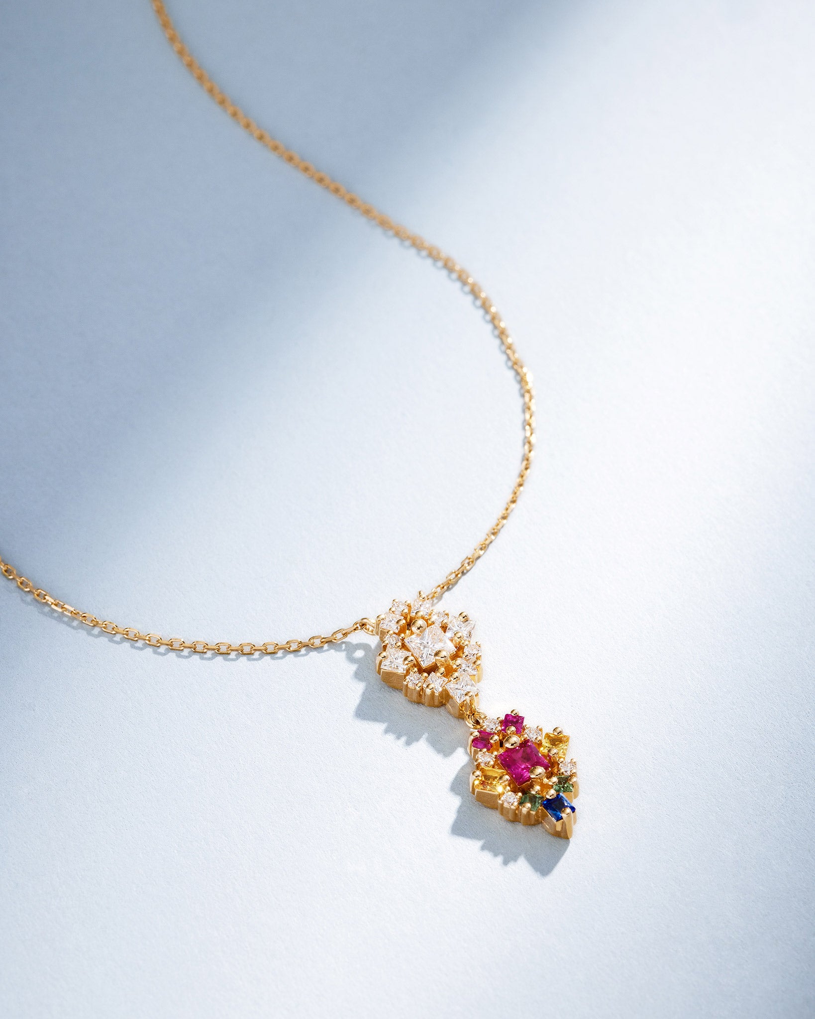 Suzanne Kalan La Fantaisie Double Star Diamond & Rainbow Sapphire Pendant in 18k yellow gold