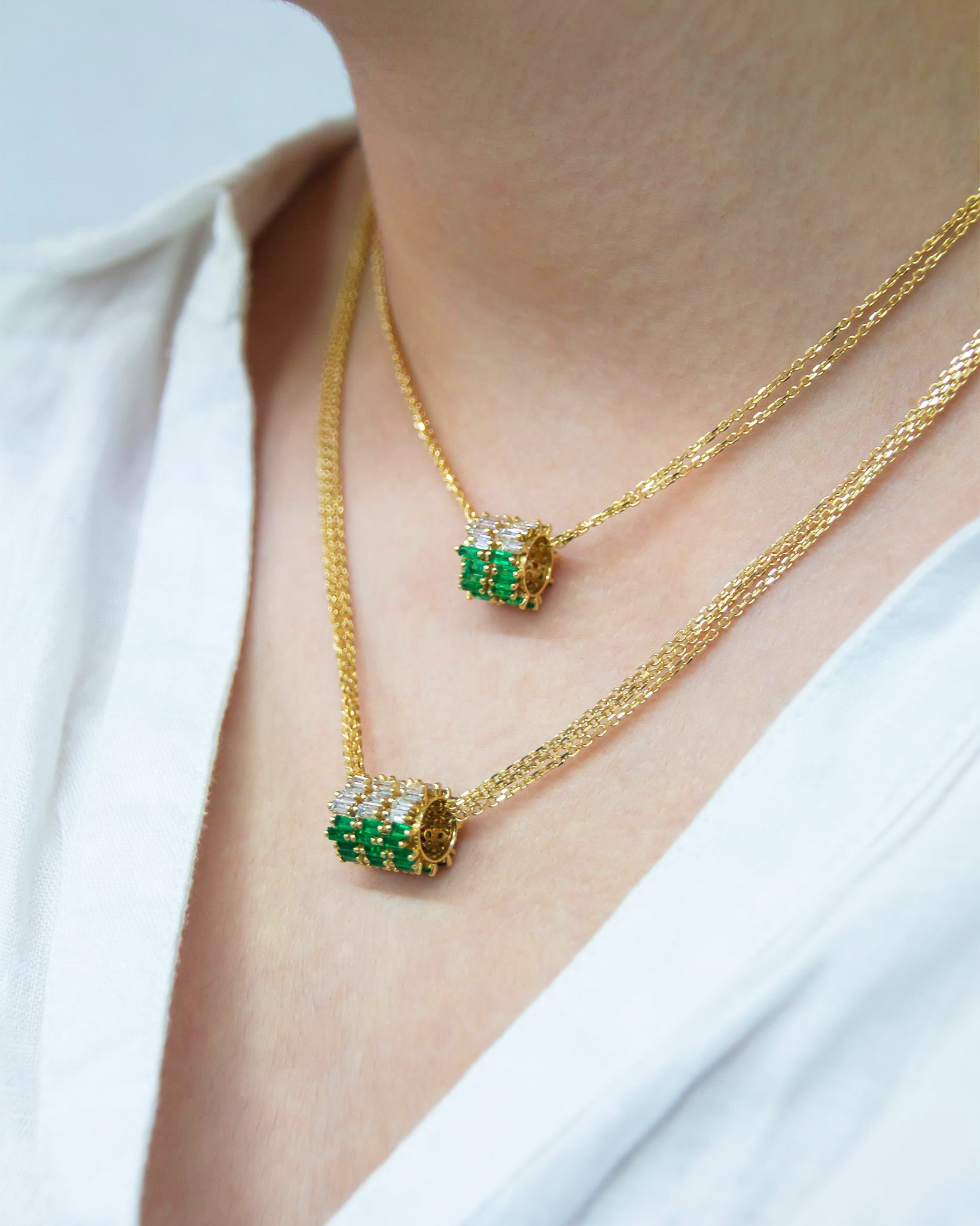 Suzanne Kalan Infinite Double Row Emerald & Diamond Rondelle Pendant in 18k yellow gold