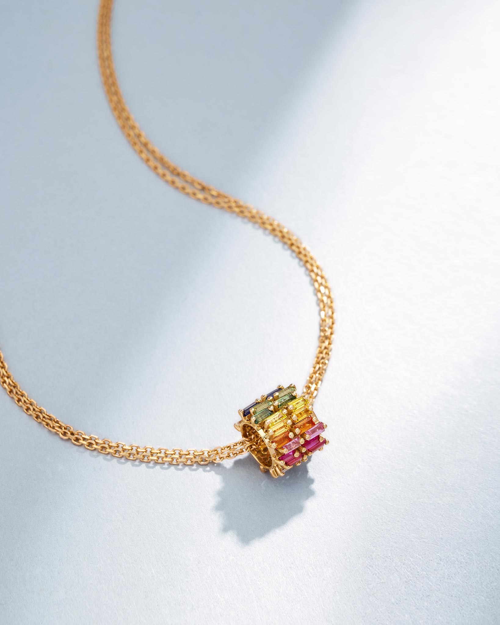 Suzanne Kalan Infinite Double Row Rainbow Sapphire & Diamond Rondelle Pendant in 18k yellow gold