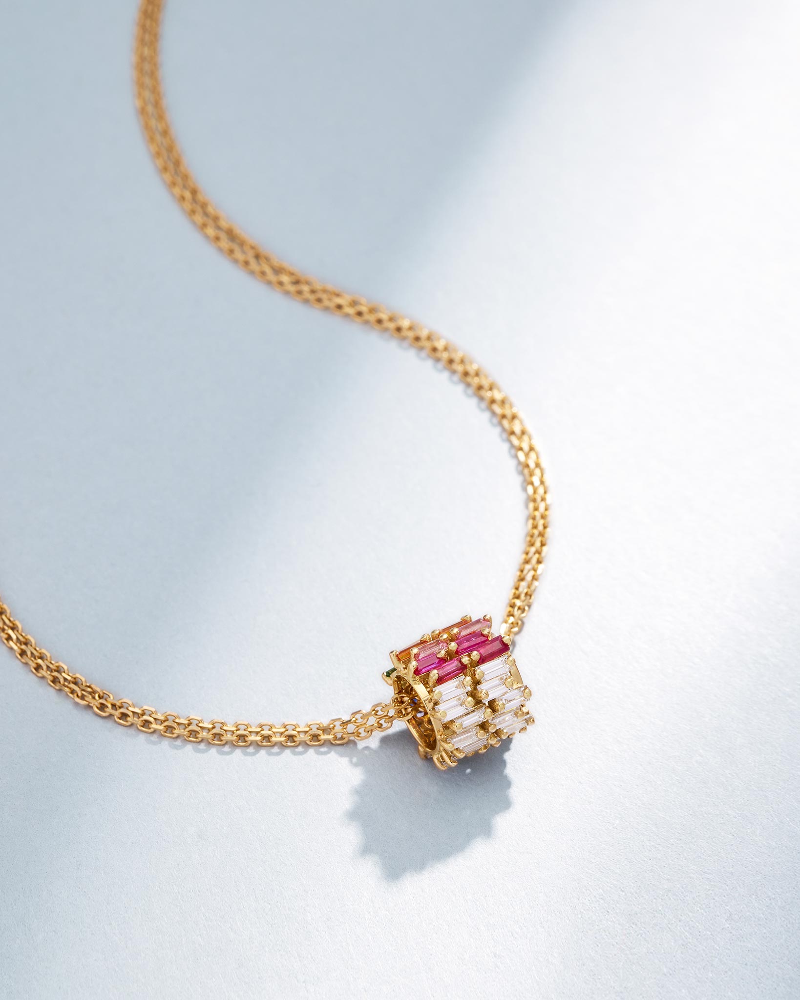 Suzanne Kalan Infinite Double Row Rainbow Sapphire & Diamond Rondelle Pendant in 18k yellow gold