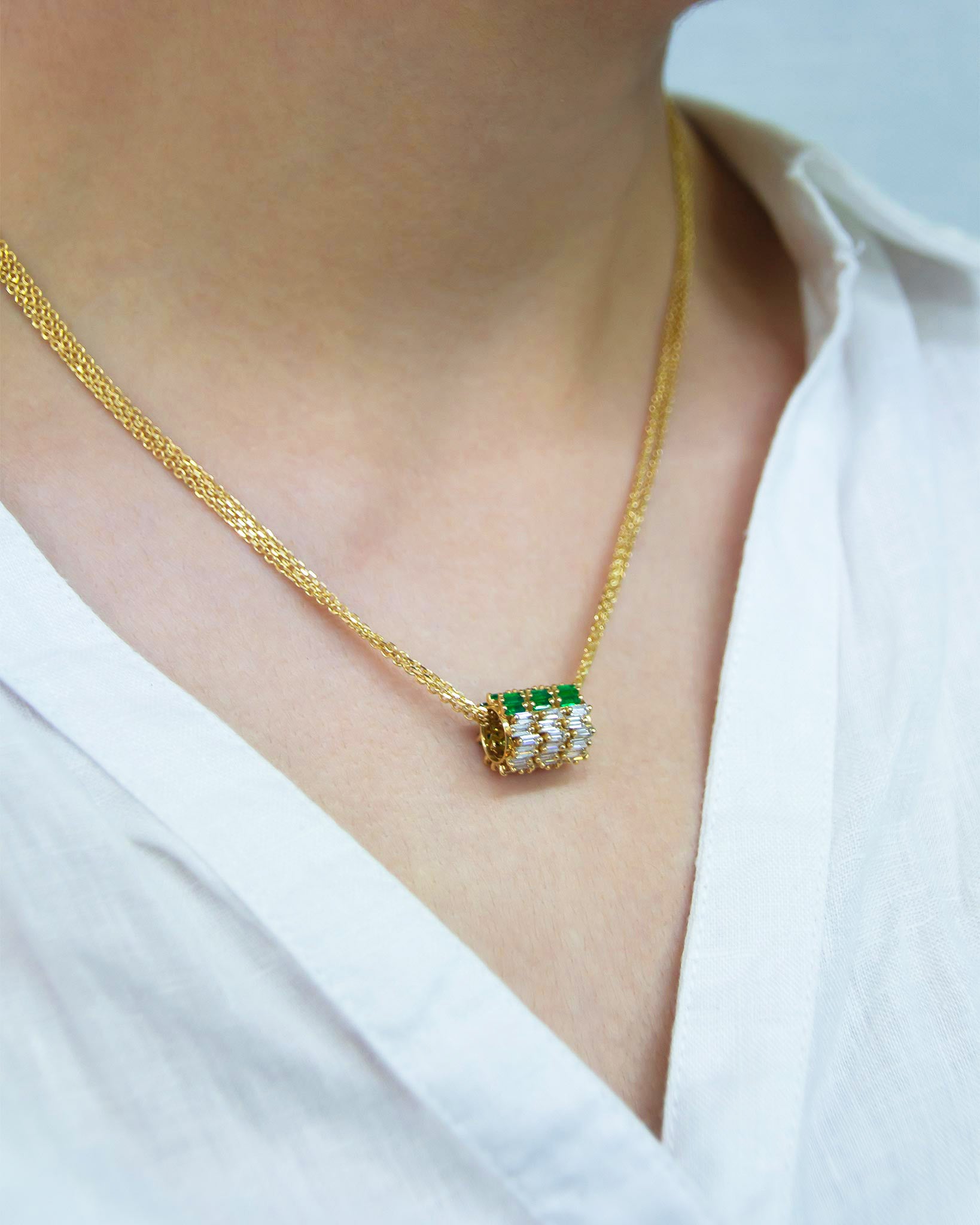 Suzanne Kalan Infinite Triple Row Emerald & Diamond Rondelle Pendant in 18k yellow gold