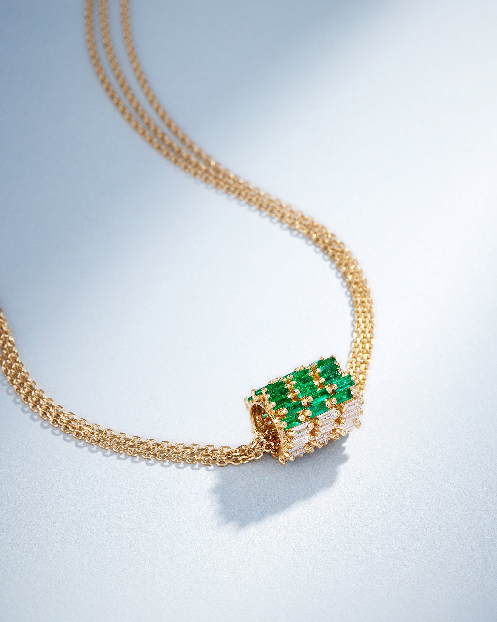 Suzanne Kalan Infinite Triple Row Emerald & Diamond Rondelle Pendant in 18k yellow gold