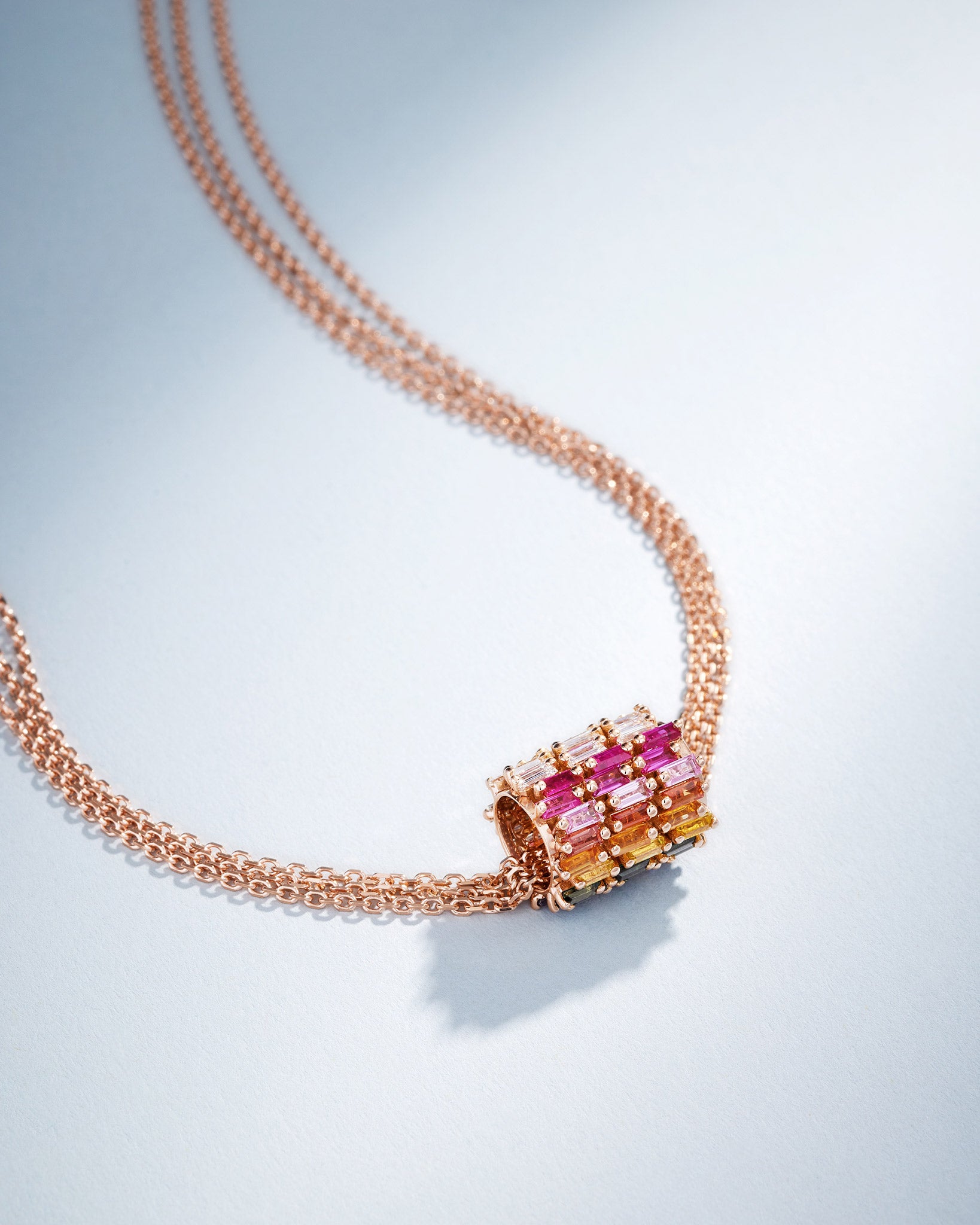 Suzanne Kalan Infinite Triple Row Rainbow Sapphire & Diamond Rondelle Pendant in 18k rose gold