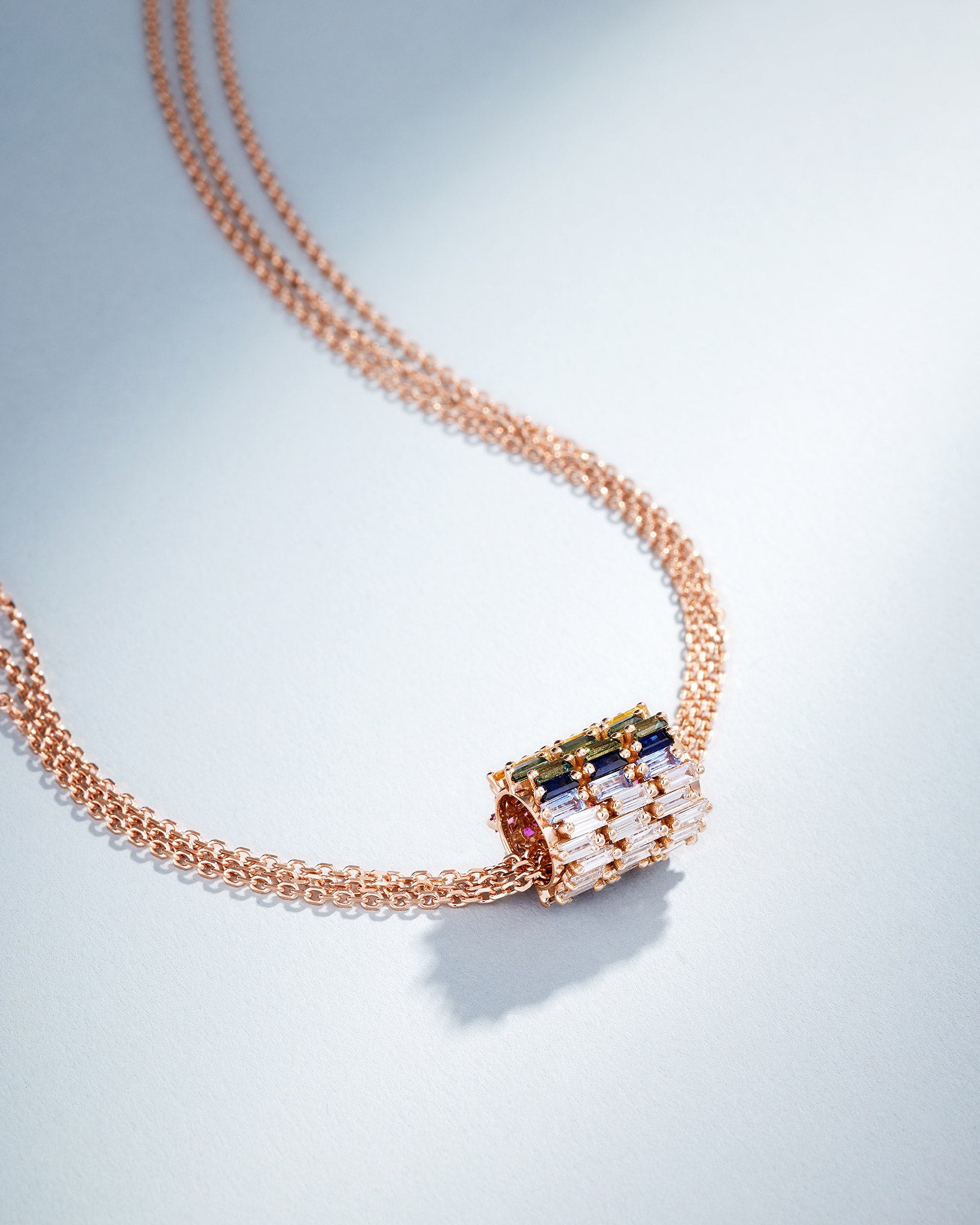 Suzanne Kalan Infinite Triple Row Rainbow Sapphire & Diamond Rondelle Pendant in 18k rose gold