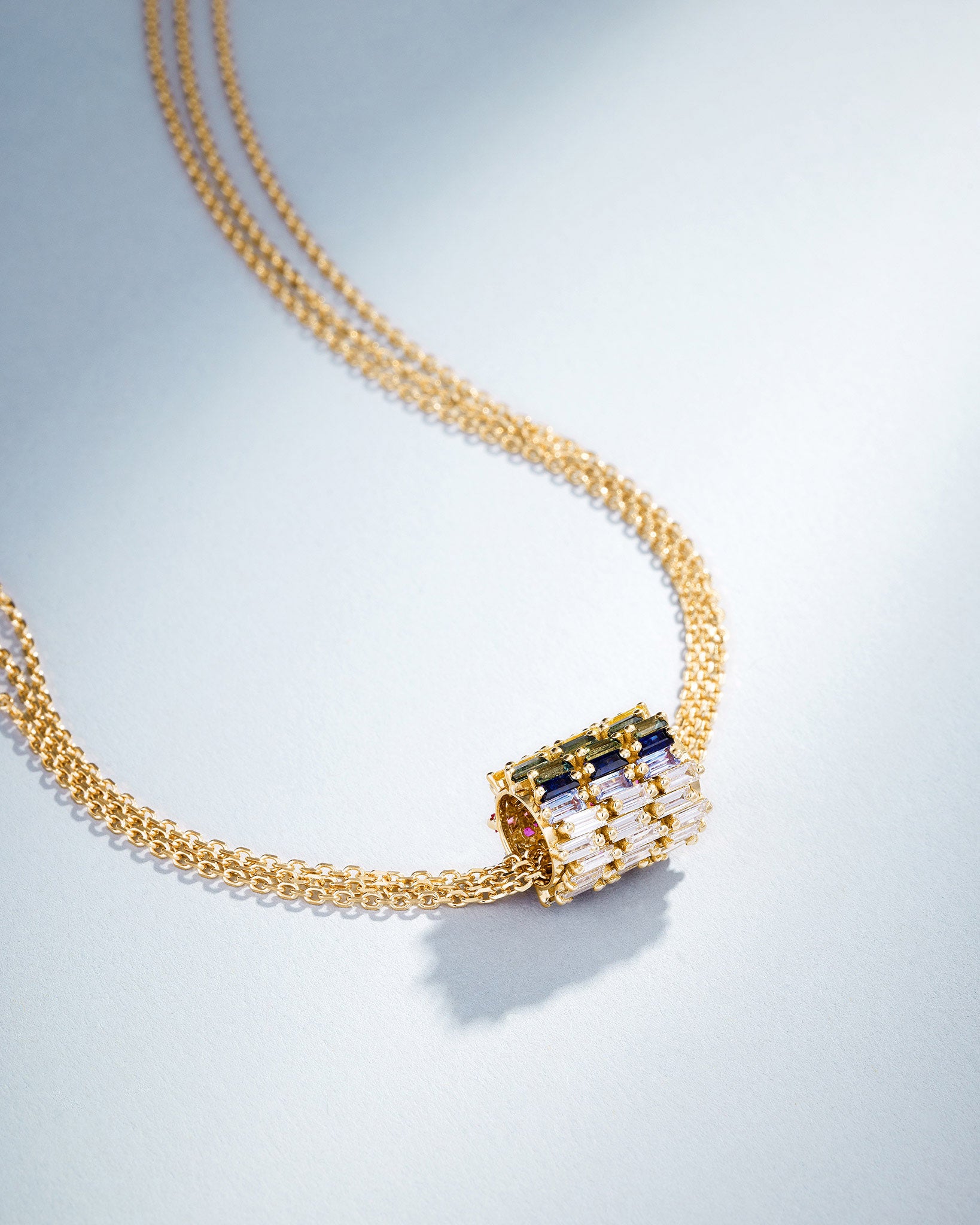 Suzanne Kalan Infinite Triple Row Rainbow Sapphire & Diamond Rondelle Pendant in 18k yellow gold