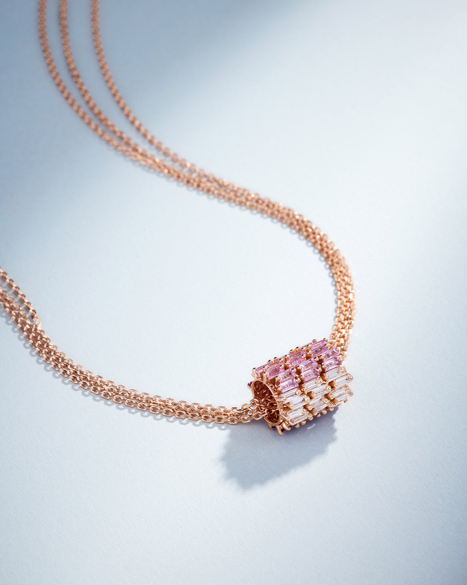 Suzanne Kalan Infinite Triple Row Pink Ombre Sapphire & Diamond Rondelle Pendant in 18k rose gold