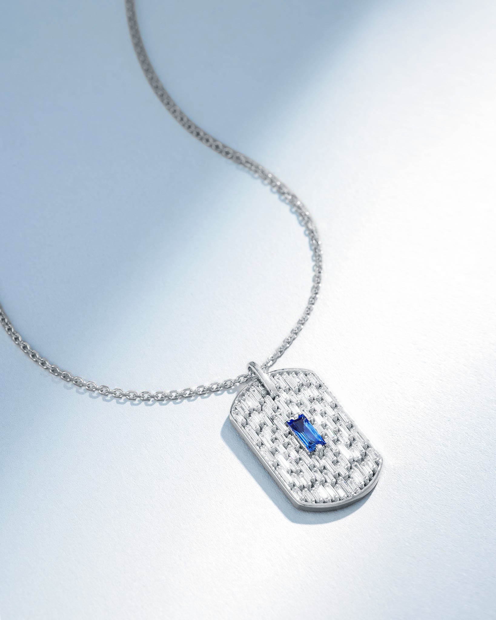 Suzanne Kalan Infinite Dark Blue Sapphire & Diamond Waterfall Dog Tag Pendant in 18k white gold