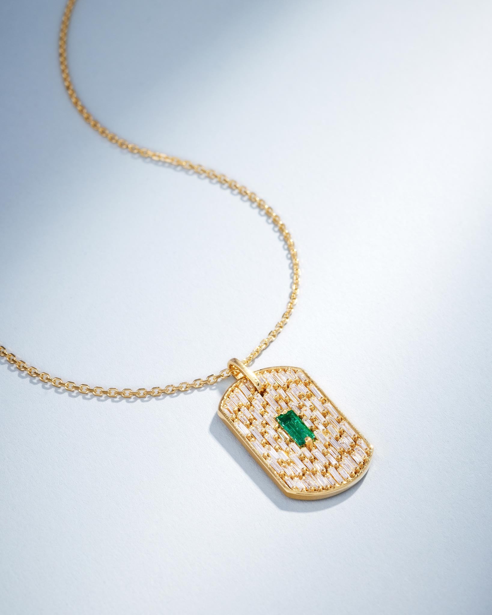 Suzanne Kalan Infinite Emerald & Diamond Waterfall Dog Tag Pendant in 18k yellow gold