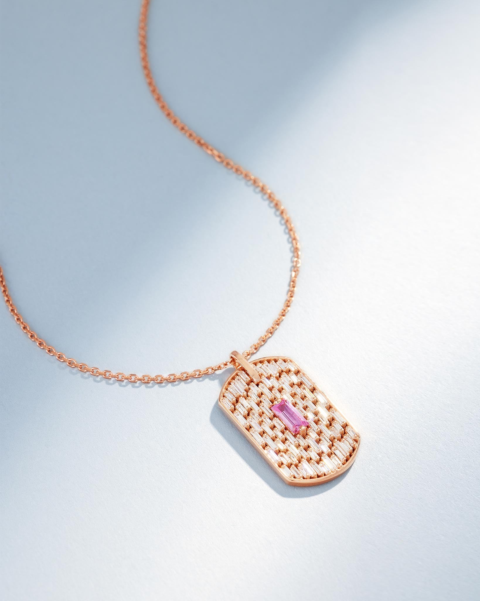 Suzanne Kalan Infinite Pink Sapphire & Diamond Waterfall Dog Tag Pendant in 18k rose gold
