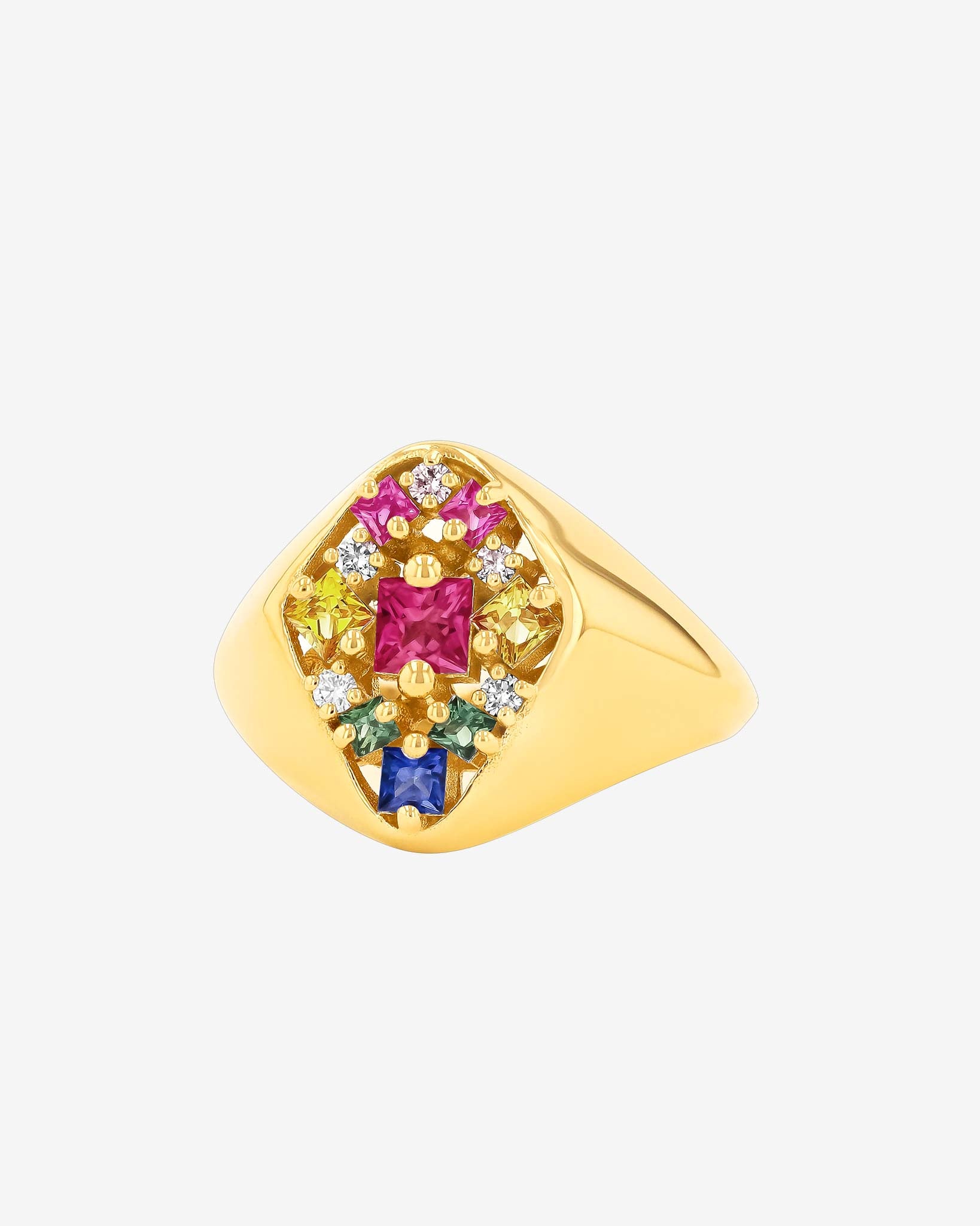 Suzanne Kalan La Fantaisie Star Rainbow Sapphire Signet Ring in 18k yellow gold
