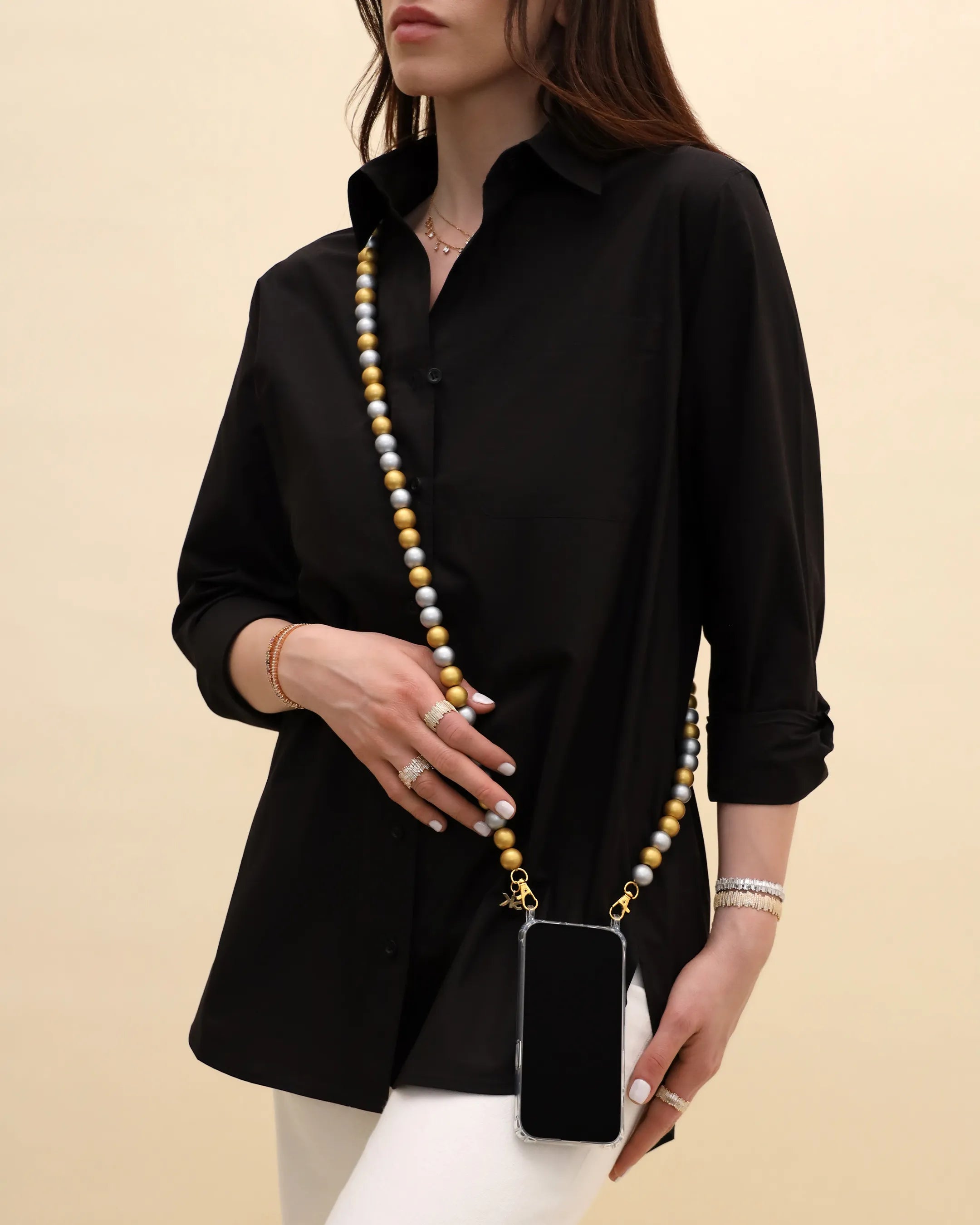 Suzanne Kalan Large Beaded Two-Tone Metallic Crossbody Phone Strap