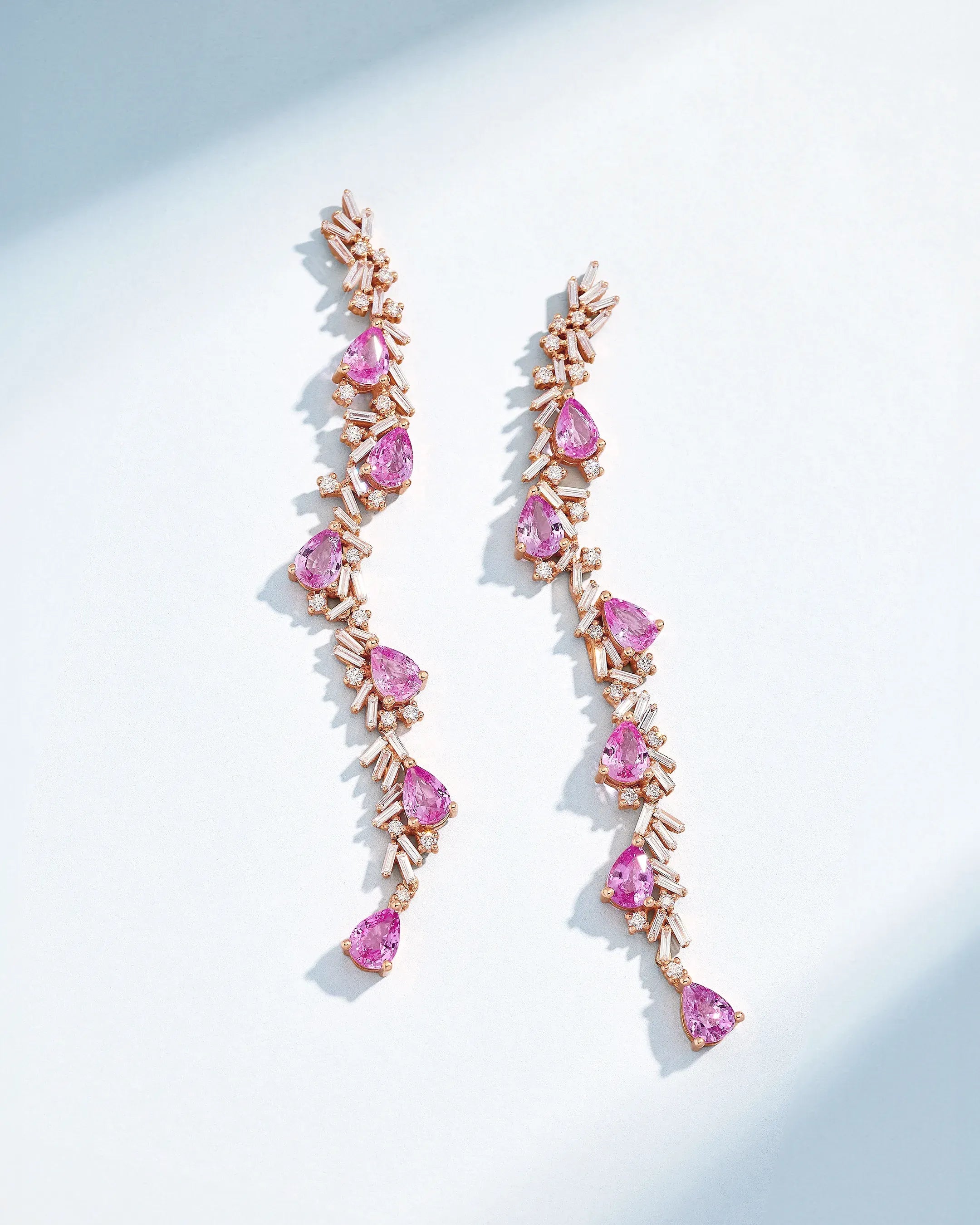 Suzanne Kalan One of a Kind Cascade Pear Shape Pink Sapphire Drop Earrings in 18k rose gold
