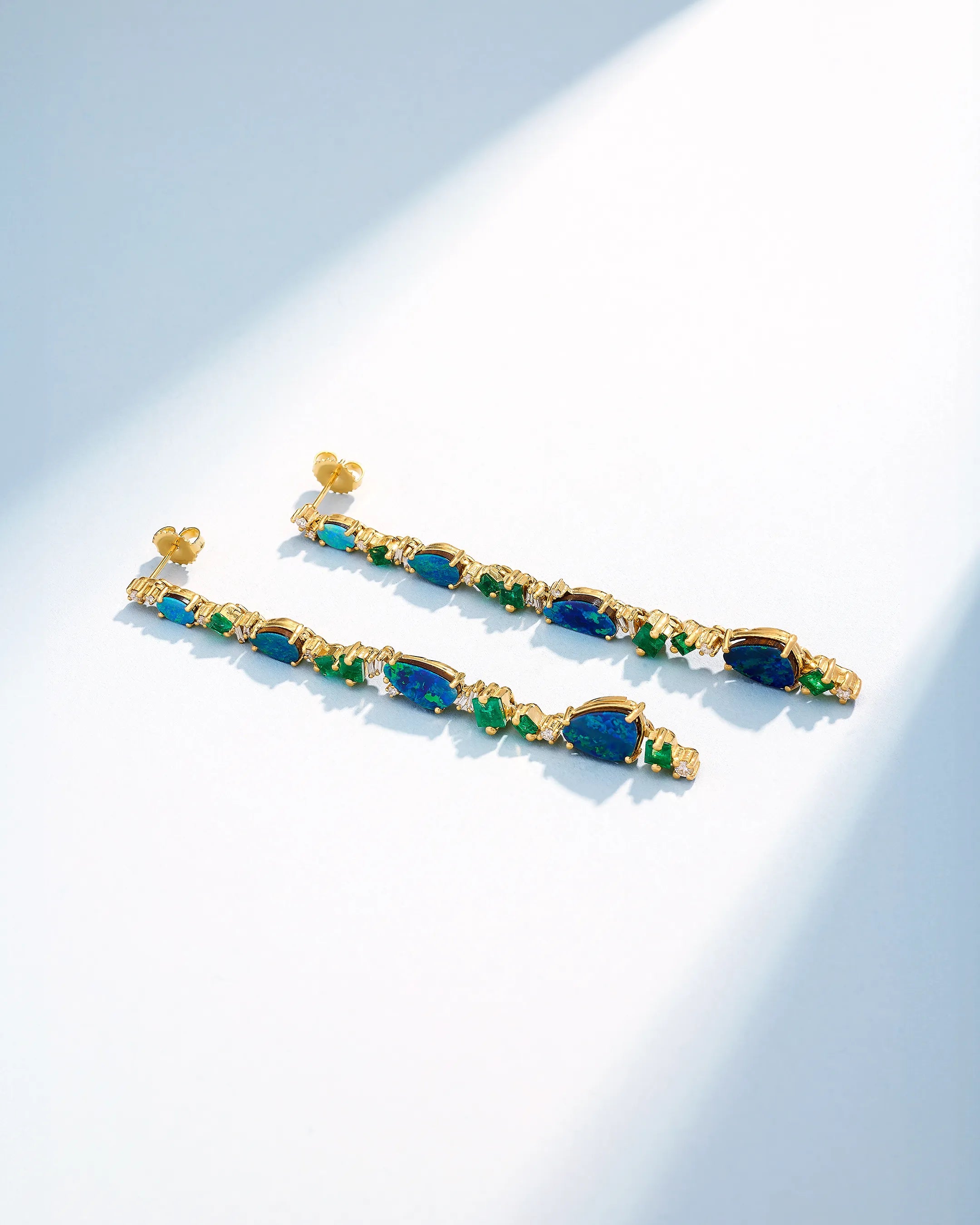 Suzanne Kalan One of a Kind Opal Doublet & Emerald Drop Earrings in 18k yellow gold