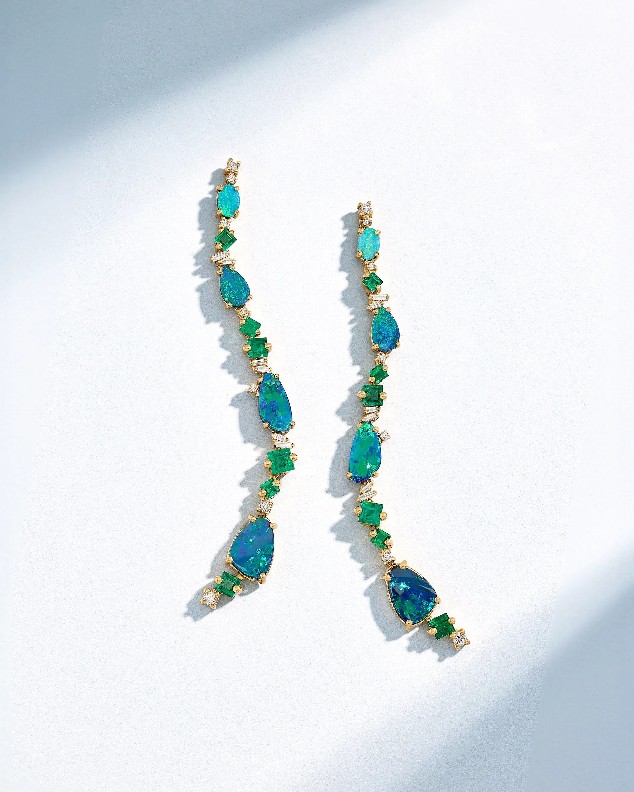 Suzanne Kalan One of a Kind Opal Doublet & Emerald Drop Earrings in 18k yellow gold